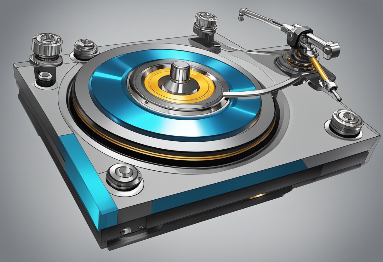 A precision turntable bearing rotates smoothly on its axis, with sleek metal components and intricate inner workings