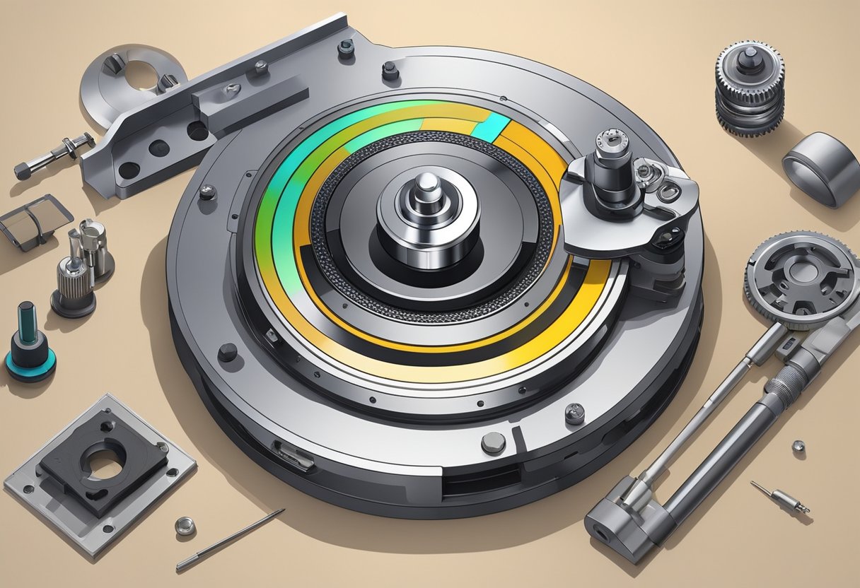 A precision turntable bearing rotates smoothly on a clean, level surface. It is surrounded by precision instruments and tools, with bright lighting highlighting its intricate details