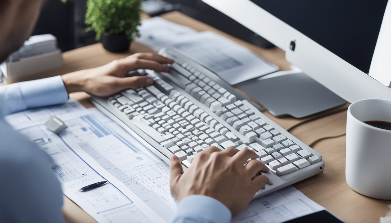 A person typing on a keyboard, surrounded by architectural drawings and blueprints, with a computer screen displaying a blog website and a monetization strategy