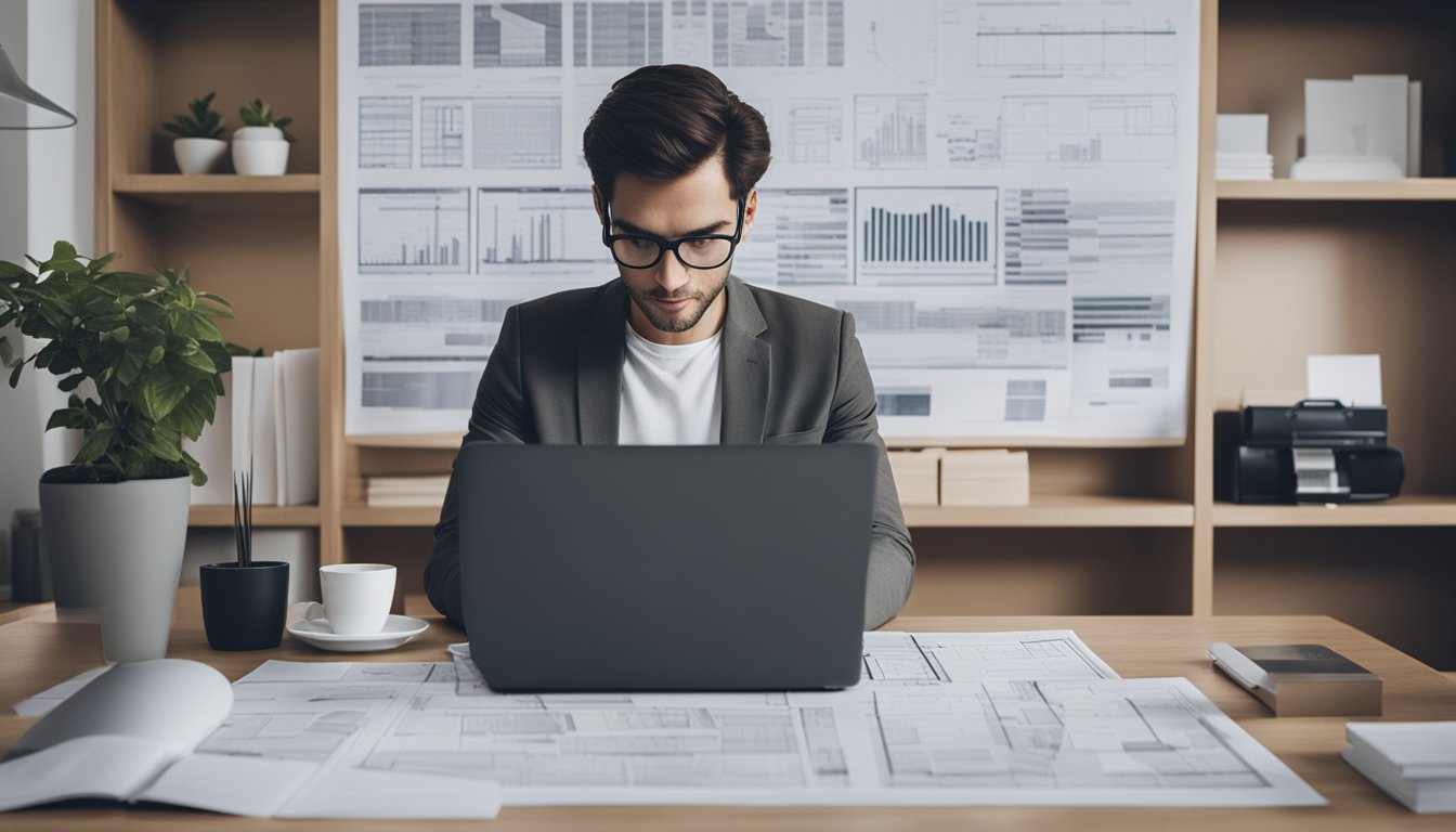 A person typing on a laptop, surrounded by architectural drawings, blueprints, and design books. A blog website is displayed on the screen, with a monetization strategy in progress