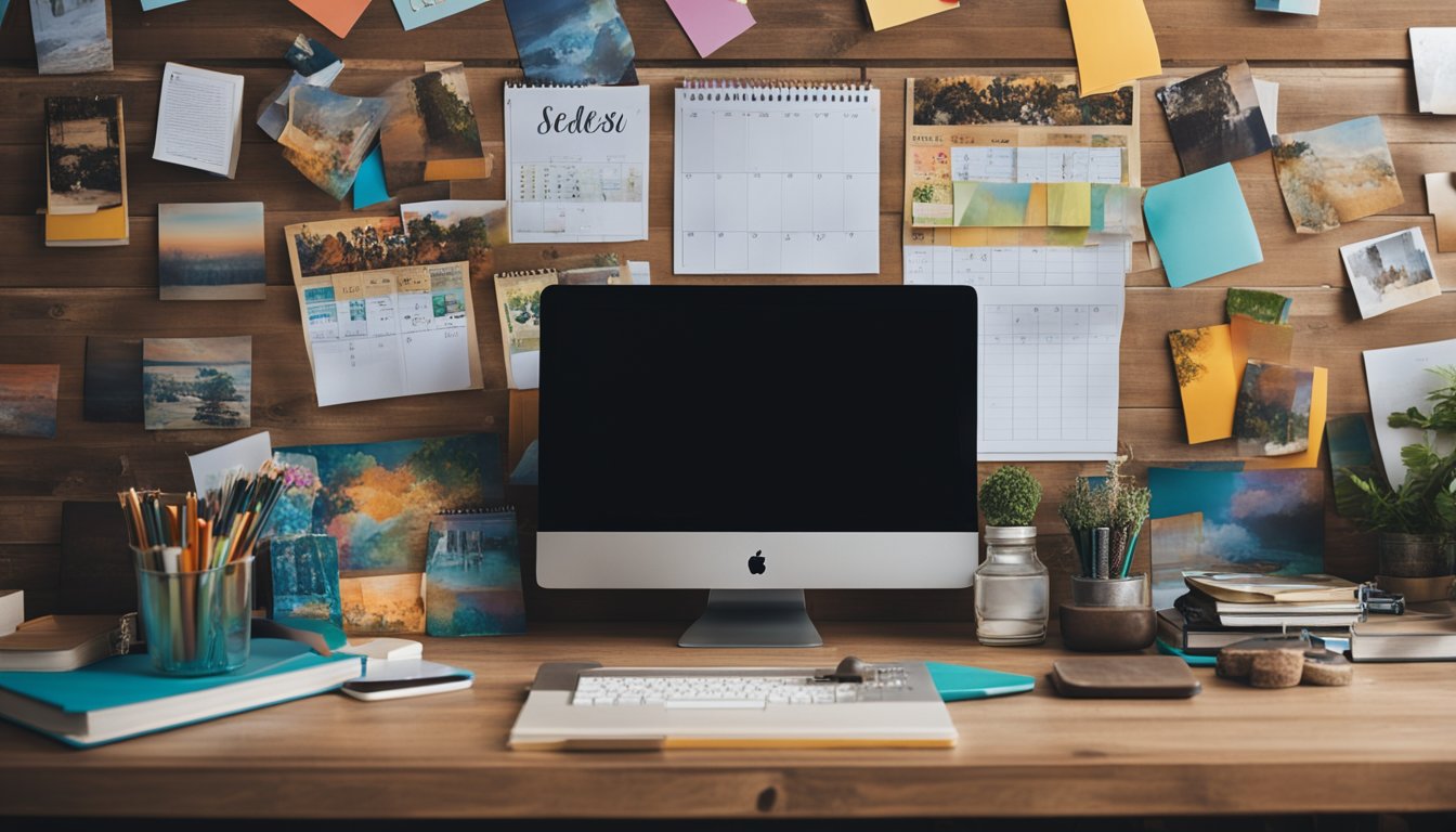 A desk with a laptop, art supplies, and a stack of art books. A wall adorned with colorful artwork and inspirational quotes. A calendar marked with upcoming art events and deadlines