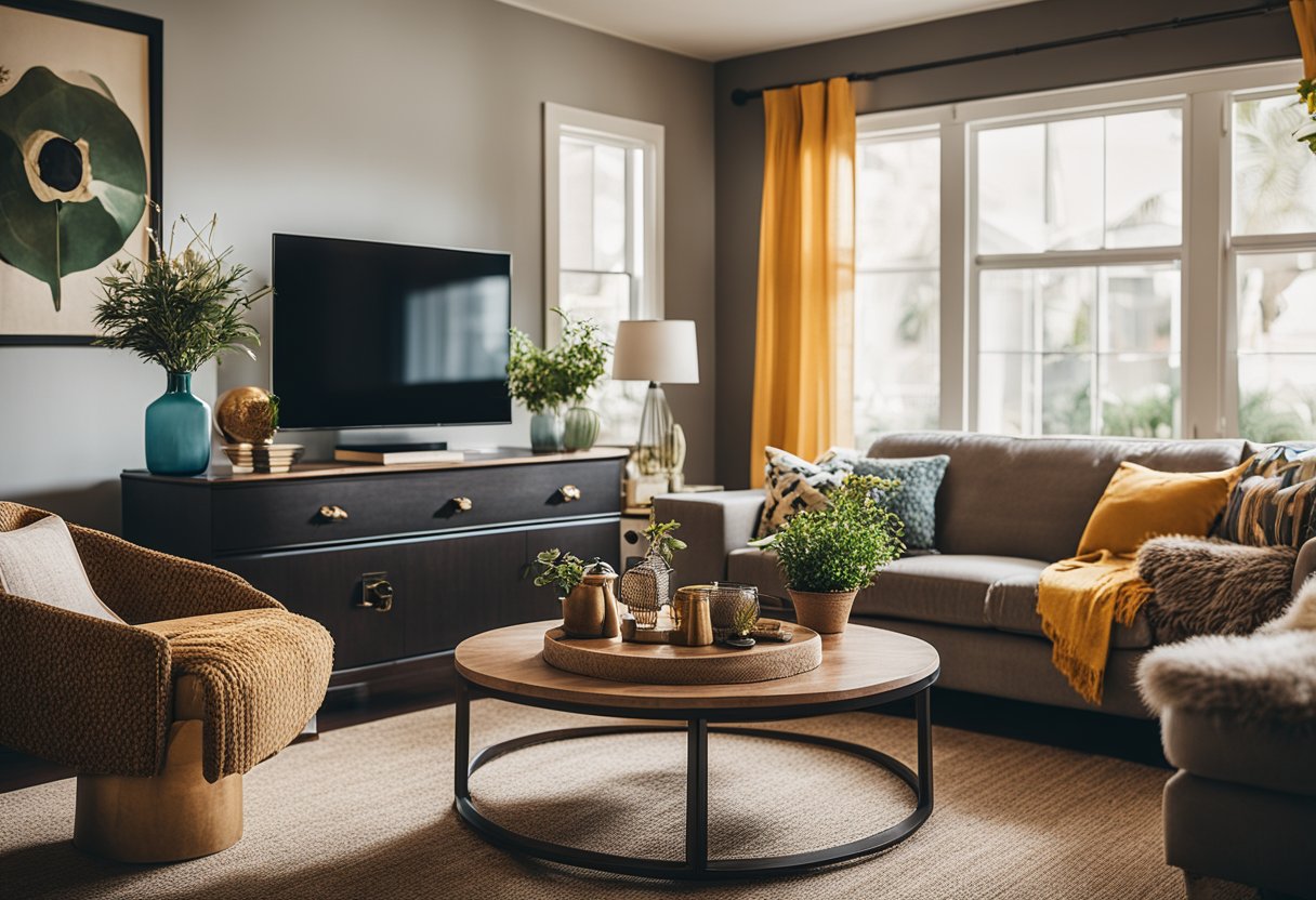 A cozy living room with vibrant colors, eclectic furniture, and personal touches. A mix of vintage and modern decor creates a unique and inviting space