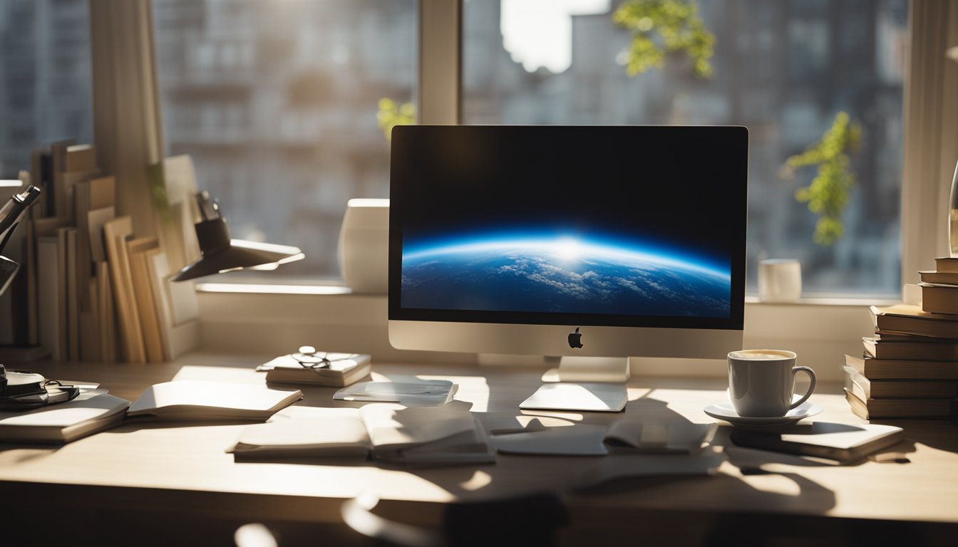 A computer with a blank screen sits on a desk, surrounded by art supplies and books. A mug of coffee steams nearby. A window shows a sunny day outside