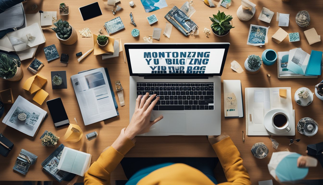 A person typing on a laptop, surrounded by art supplies and inspirational artwork, with a blog post titled "Monetizing Your Art Blog" displayed on the screen