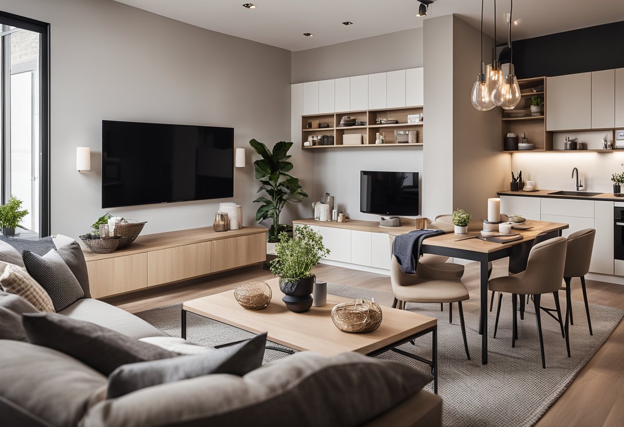 A cozy living room with a neutral color palette, comfortable seating, and built-in storage solutions. A small dining area with a space-saving table and chairs. A well-organized kitchen with modern appliances and clever storage solutions