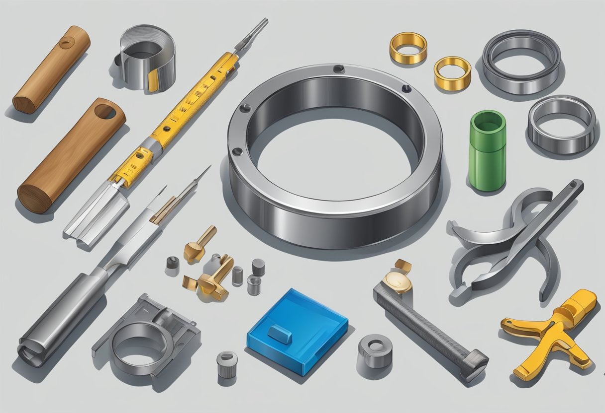 A hand reaches for a metal ring, surrounded by tools and materials for fabrication