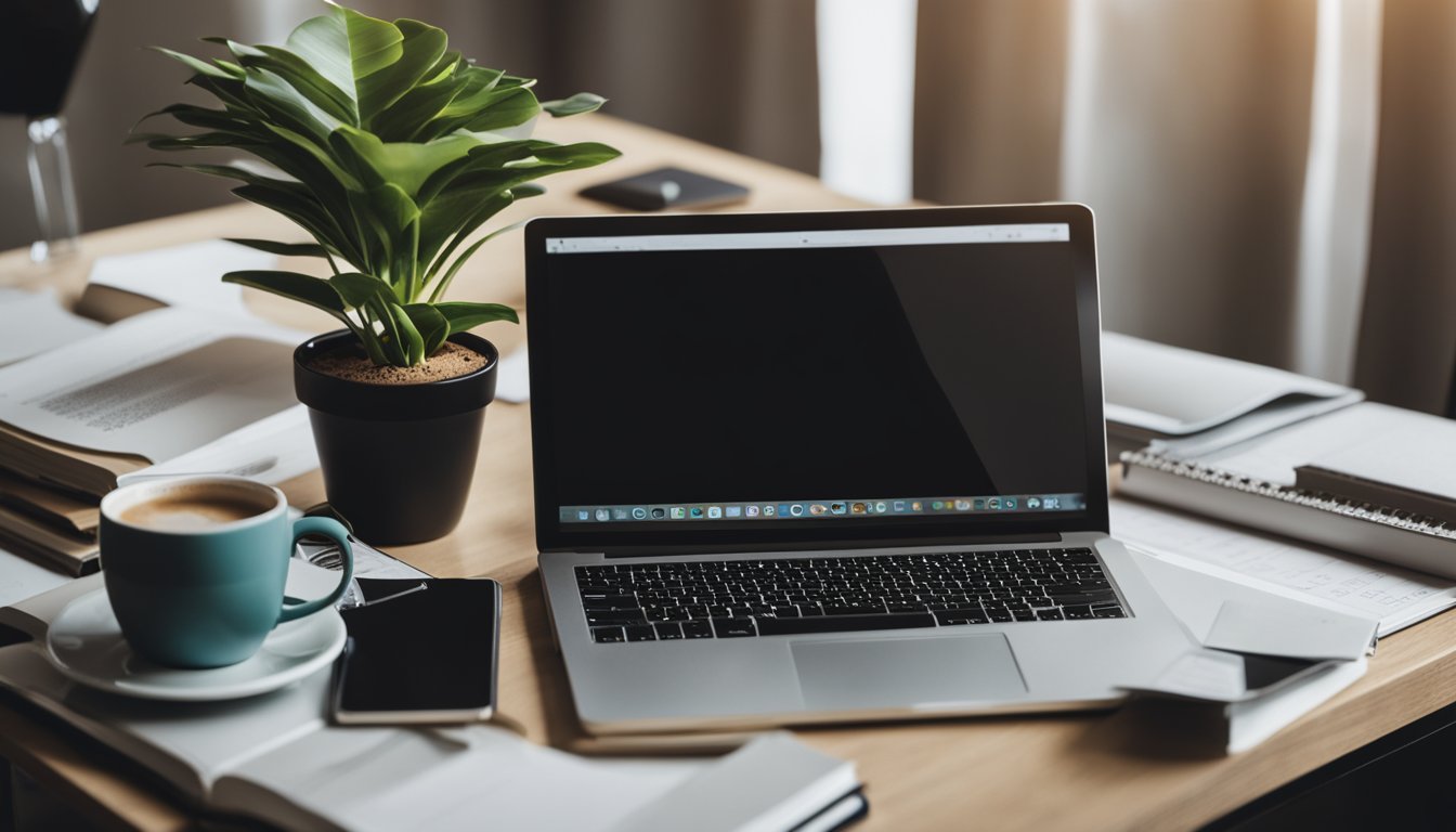 A desk with a laptop, notebook, and pen. A mood board with design inspiration. A stack of design books and magazines. A calendar with blog post deadlines. A cup of coffee and a plant for ambiance