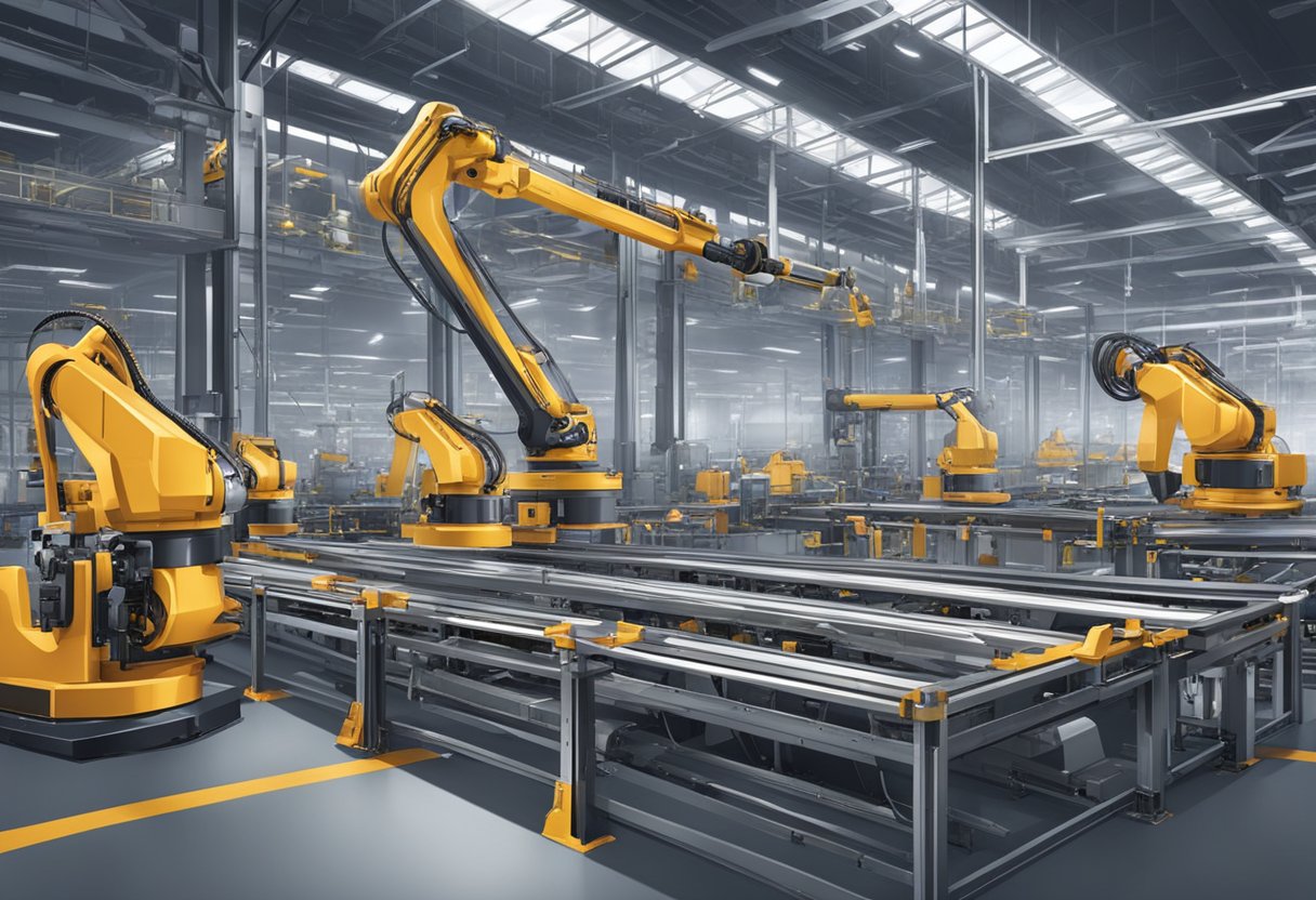 Machines assembling metal components in a large factory, with conveyor belts and robotic arms moving parts around