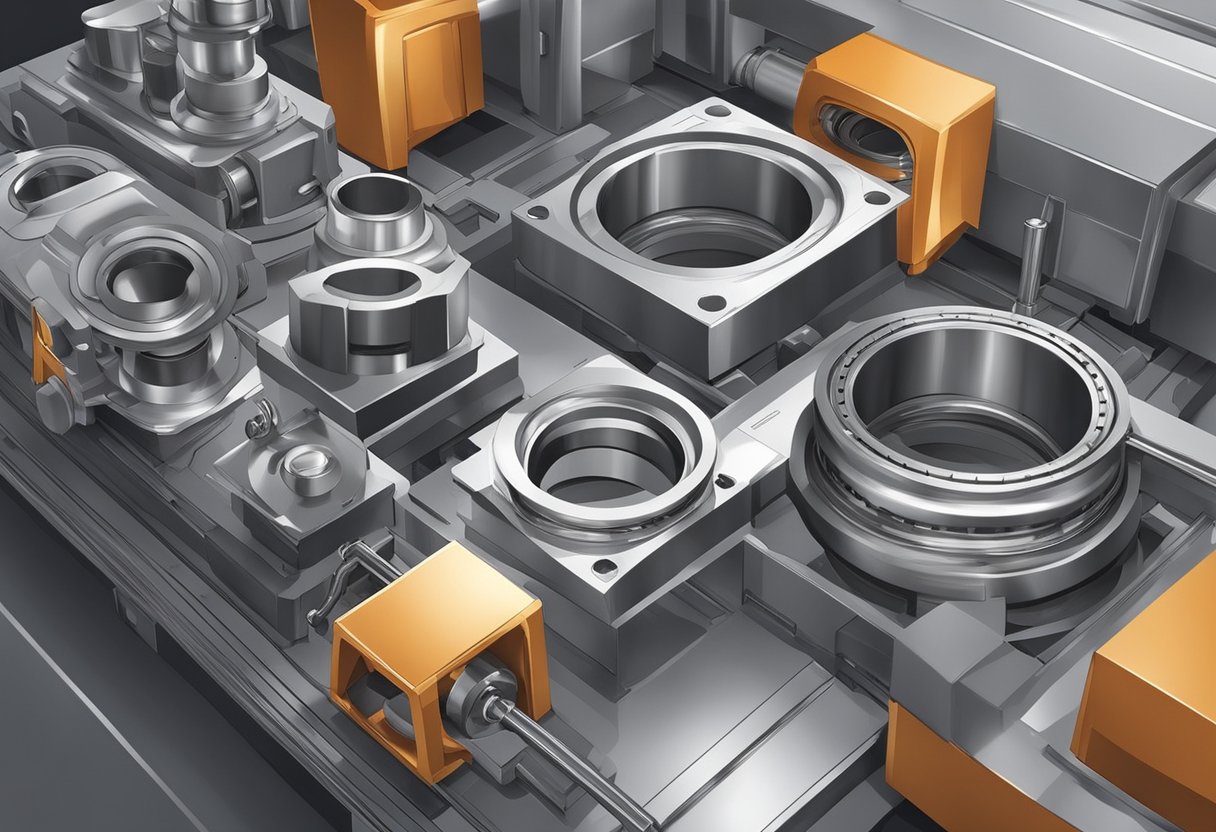 Molten metal poured into molds, cooled, and shaped into precision ring bearings. Machinery hums as parts are assembled and tested for quality