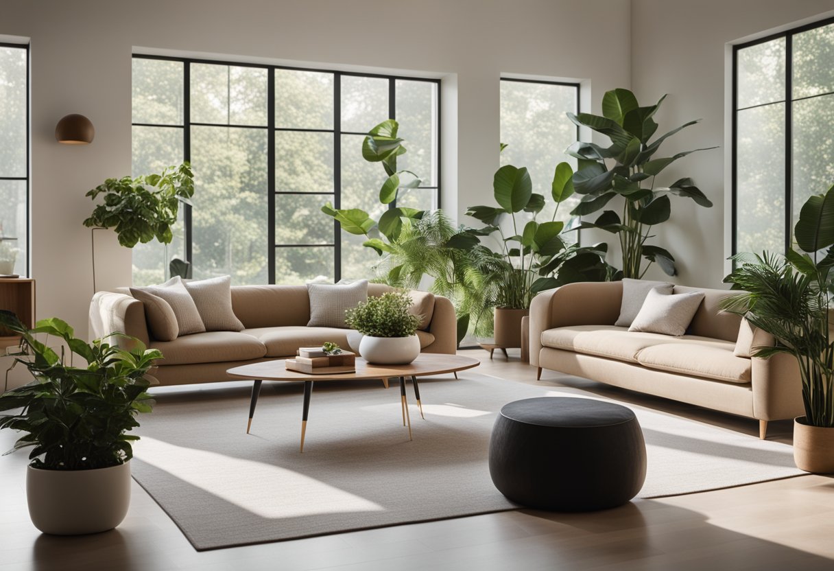 A minimalist living room with clean lines, neutral colors, and modern furniture. A large window lets in natural light, and potted plants add a touch of greenery