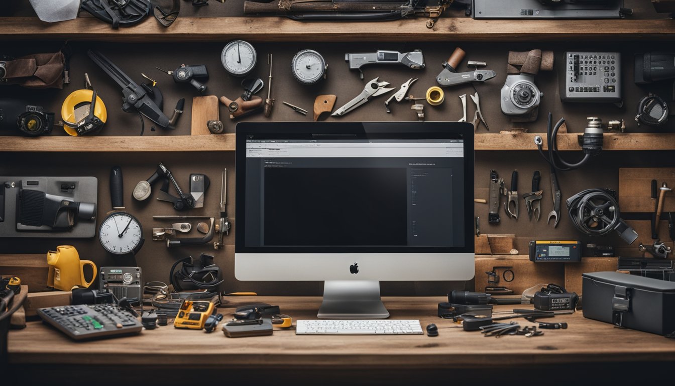 A cluttered workbench with tools, materials, and a laptop. A blog logo and branding displayed on the screen. Various DIY projects in progress