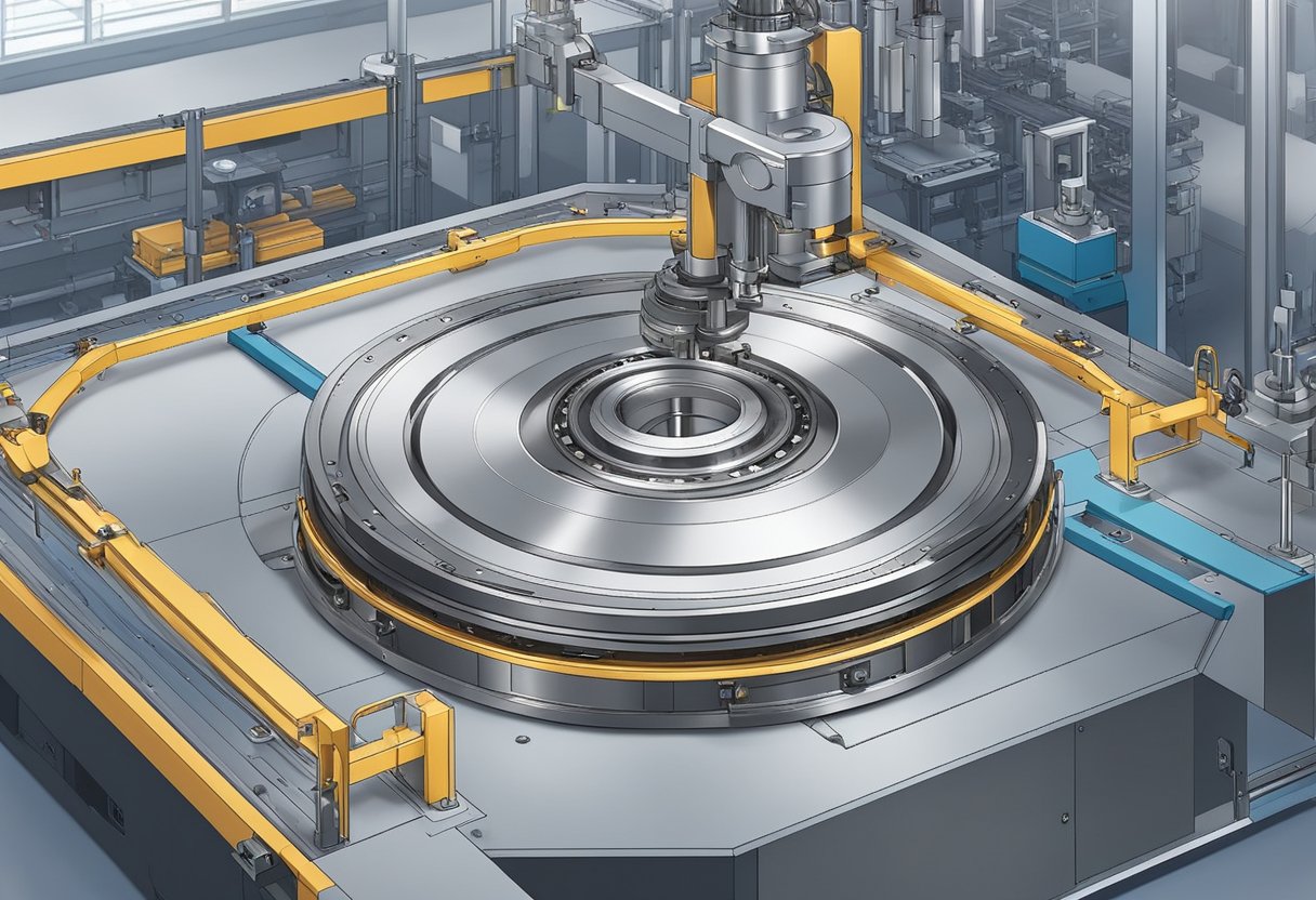 A ring bearing turntable is being assembled with precision tools and machinery in a modern manufacturing facility. Materials such as metal and plastic are being used to create the intricate components