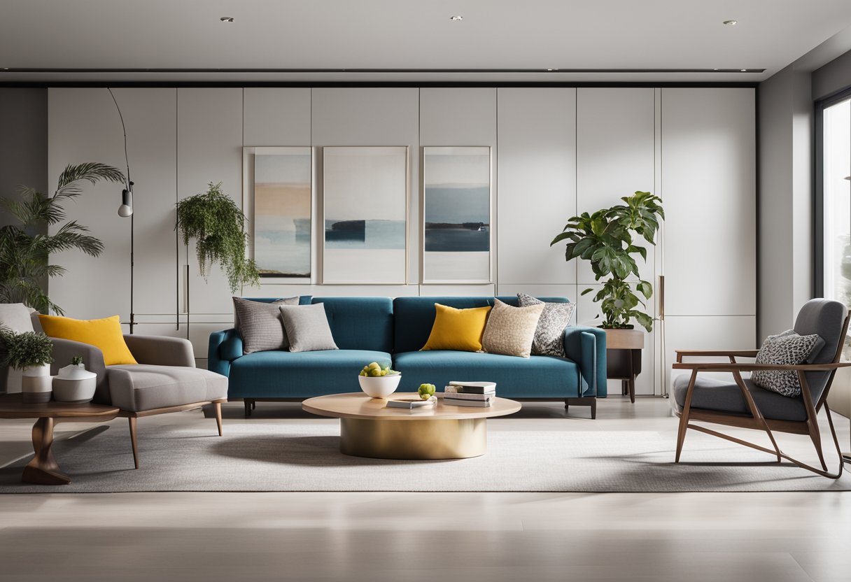 A sleek, modern living room with clean lines, minimalist furniture, and pops of color. The space is flooded with natural light, creating a bright and airy atmosphere