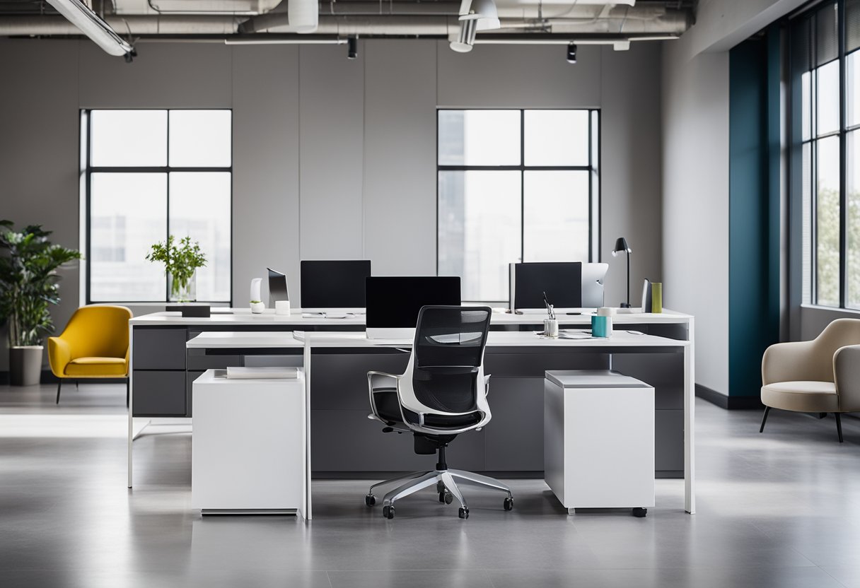 A modern, minimalist office space with sleek furniture and pops of color. Clean lines and open space create a sense of sophistication and efficiency