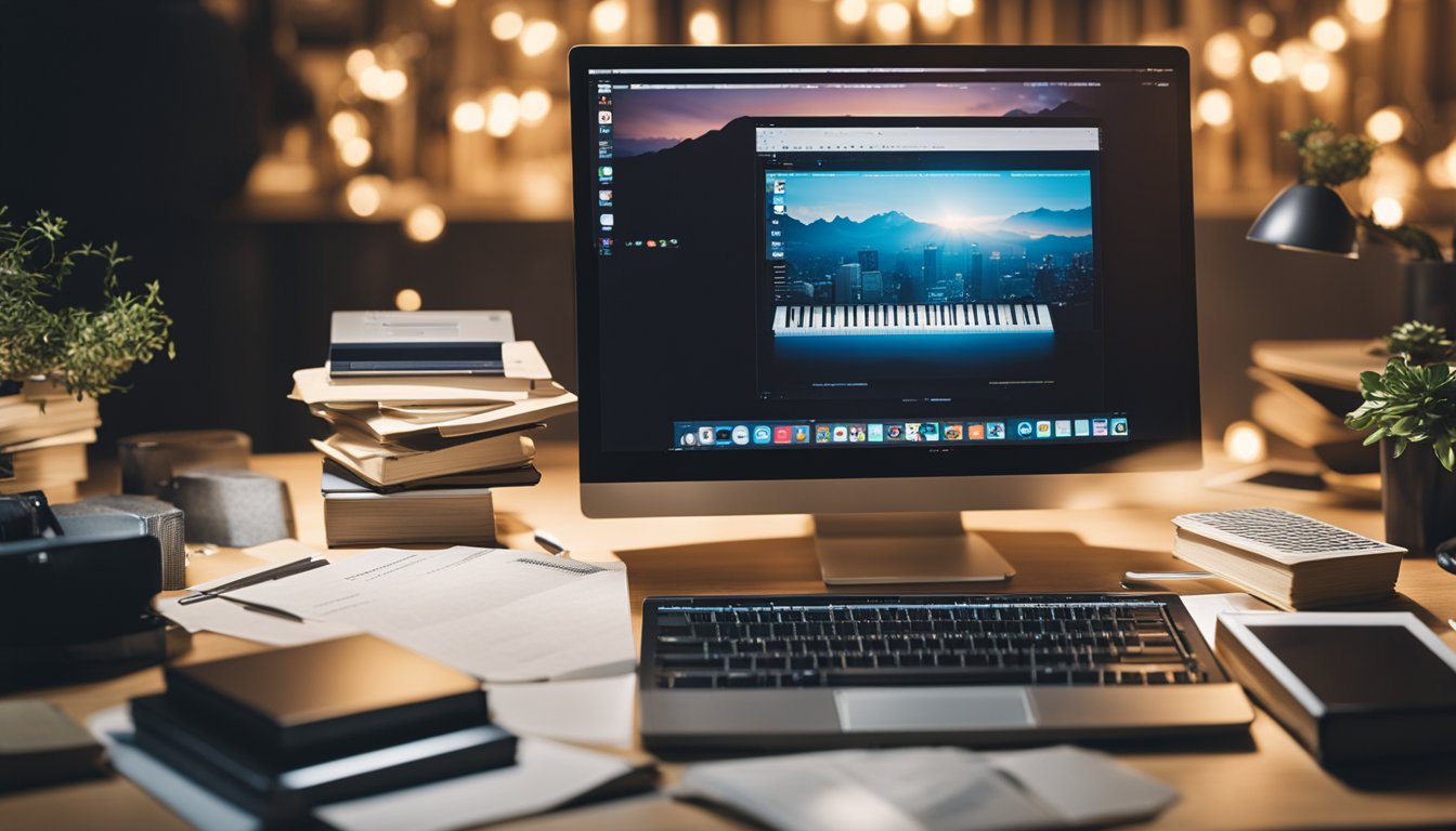 A person creating, developing, and monetizing an education blog. A computer with a keyboard and a stack of books on a desk