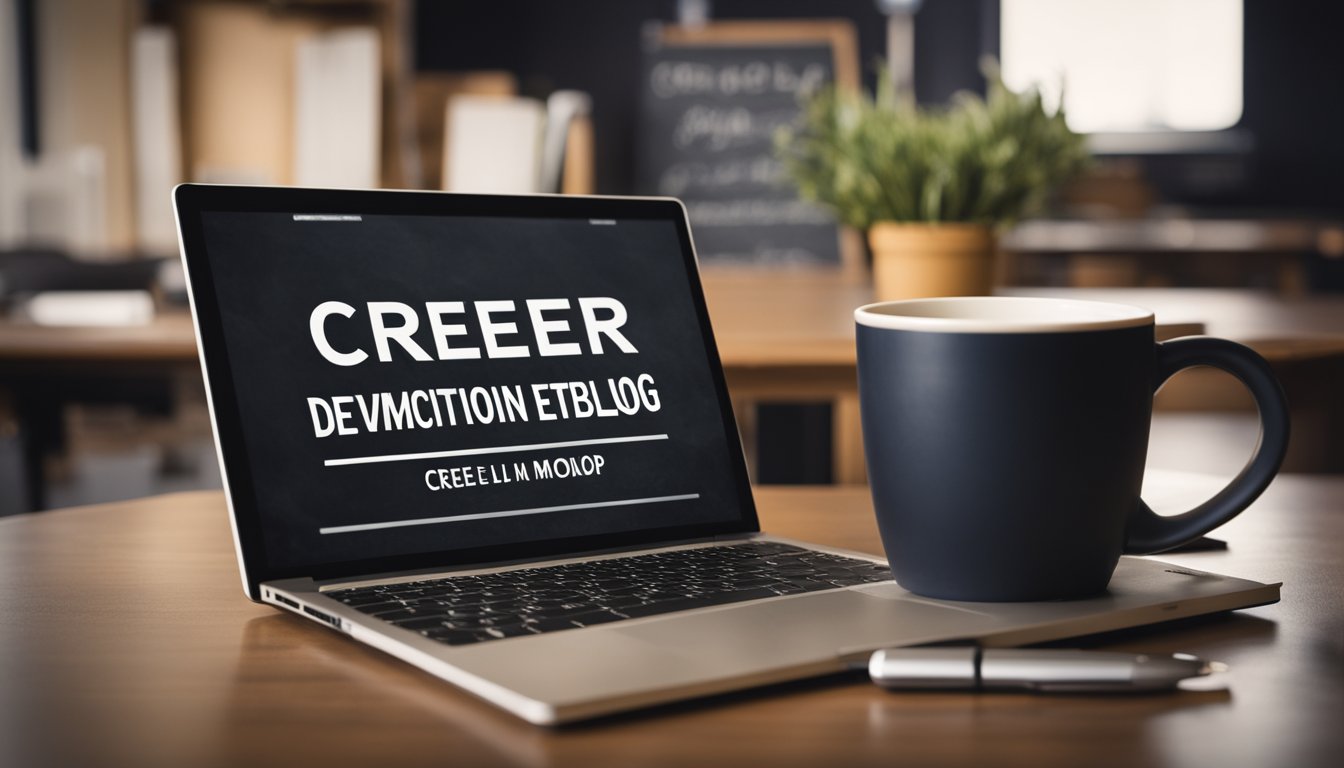 A laptop with a stylus pen, open book, and coffee cup on a desk, with a chalkboard in the background displaying the words "Créer, développer et monétiser un blog sur l'Éducation."