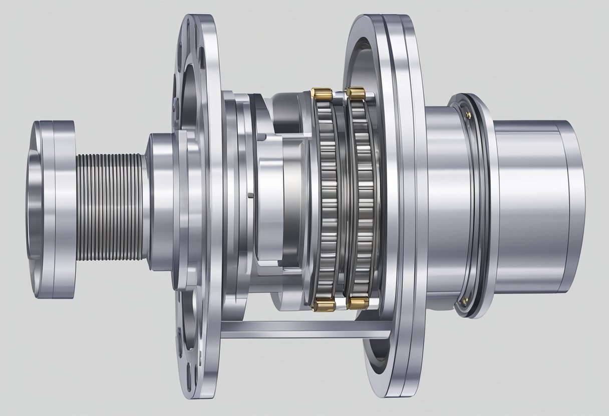 A cylindrical shaft rotates within a circular housing, supported by rolling contact bearings with visible numerical markings