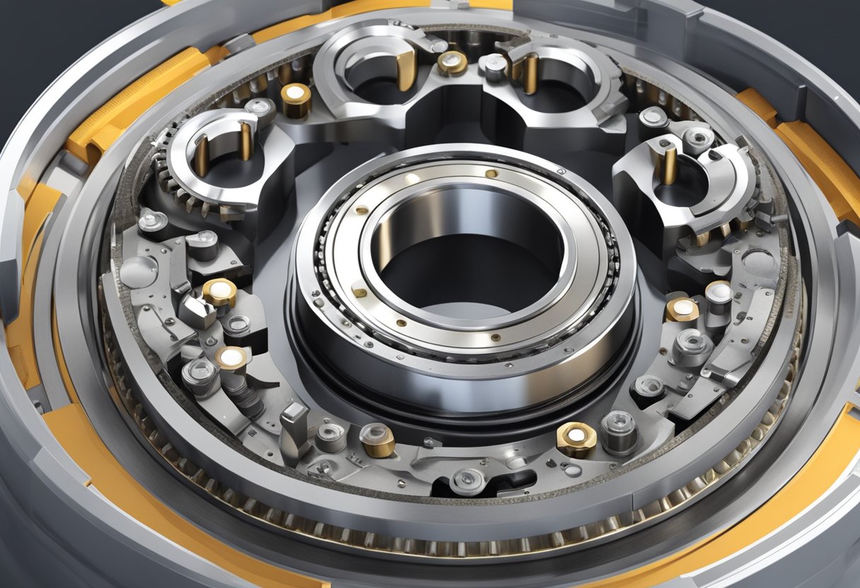 A rolling contact bearing with numerical markings, surrounded by mechanical parts and lubricant