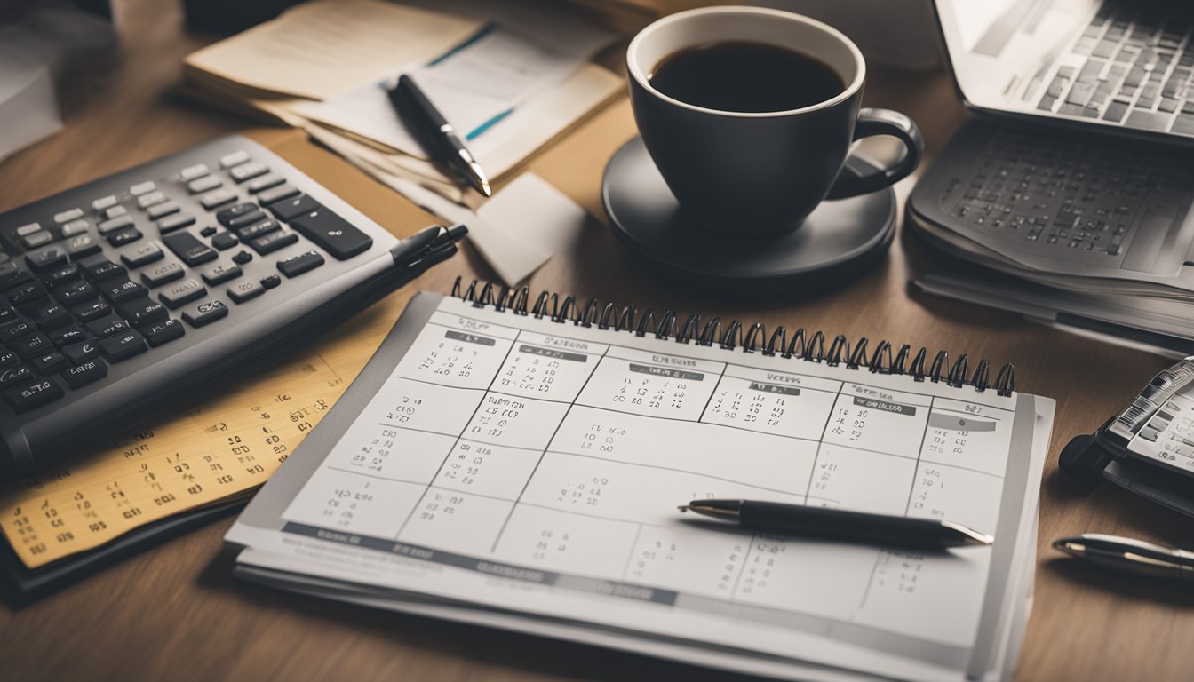 A desk with a laptop, notebook, and pen. A calendar with event dates circled. A stack of cash symbolizing monetization. A banner with "Event Planning Blog" in the background