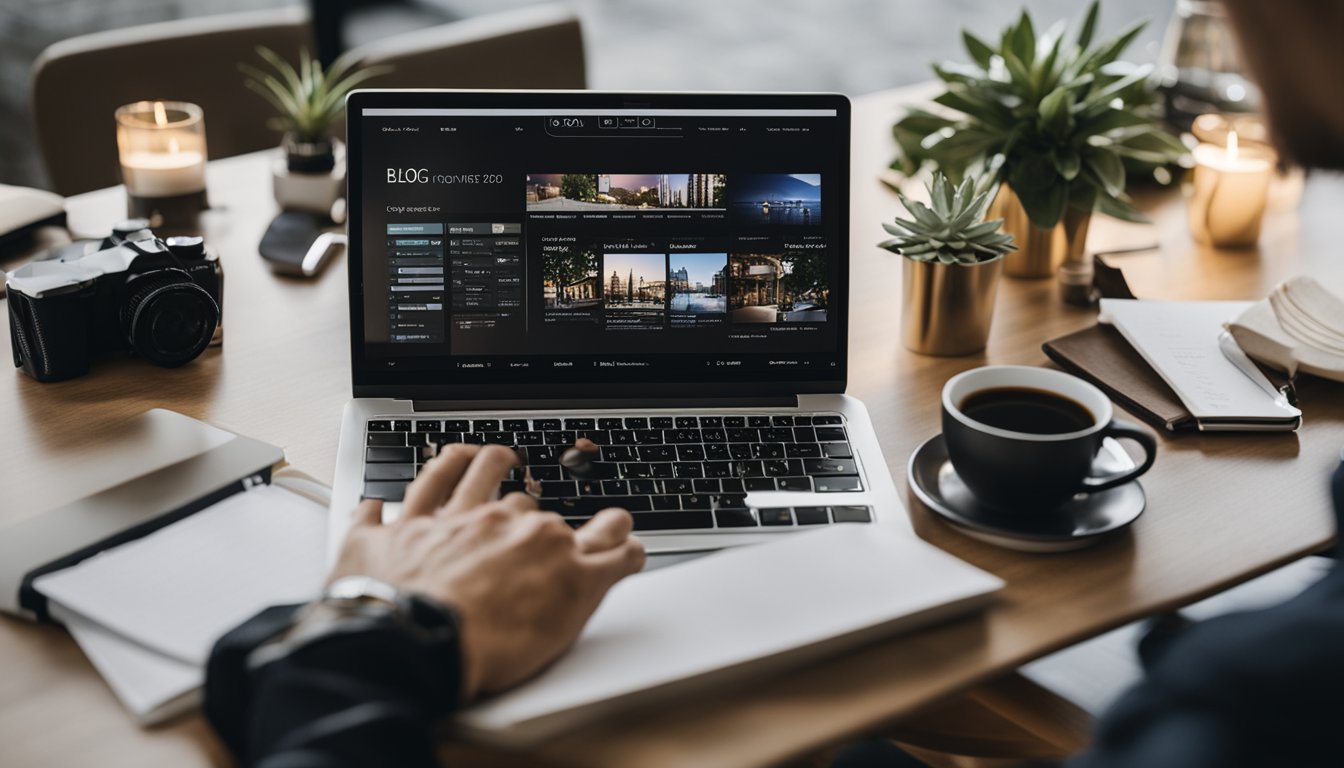 A person creating a blog on event planning, with a laptop, planner, and event decor in the background