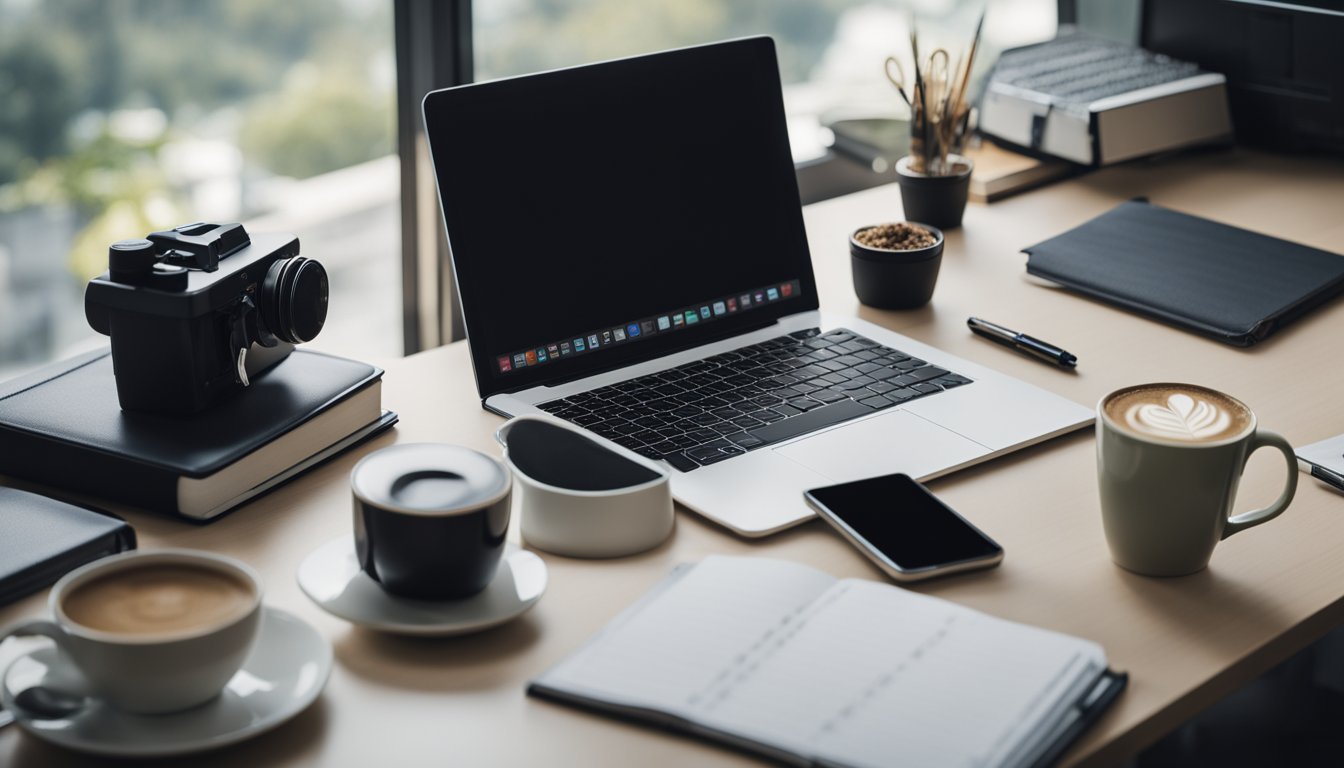 A desk with a computer, notebook, and pen. A calendar on the wall. A stack of event planning books. A cup of coffee. A bright, organized workspace