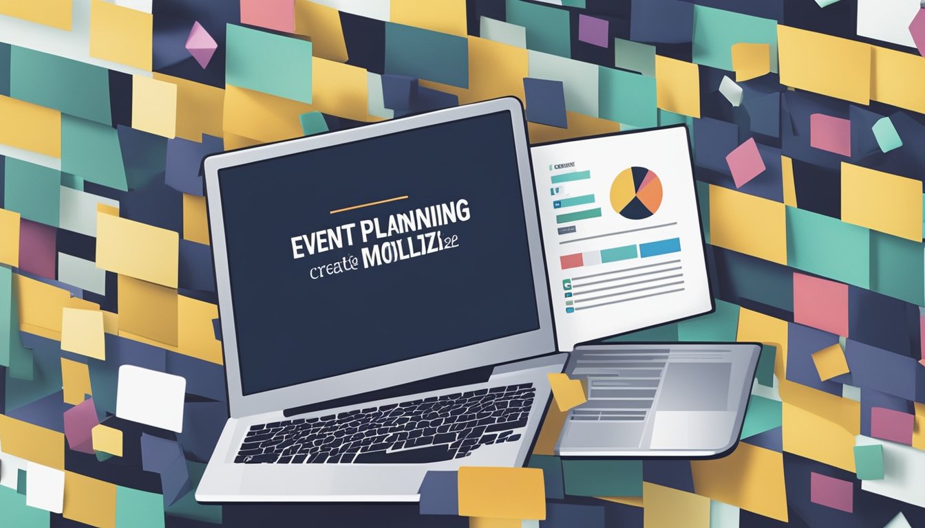 A laptop displaying a blog titled "Event Planning: Create, Develop, and Monetize" with event-related images and a monetization strategy chart in the background