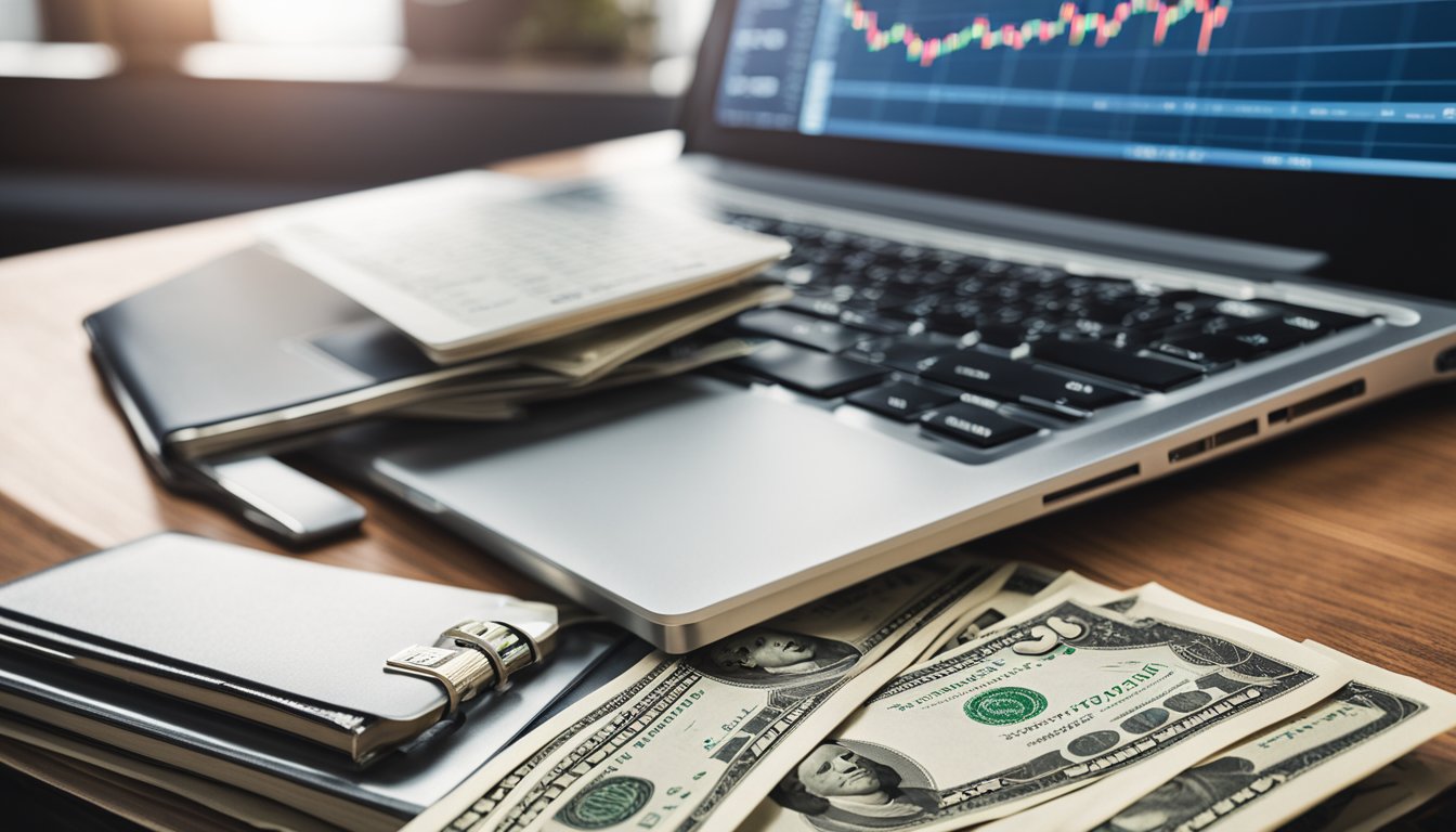 A desk with a laptop, financial books, and a notepad. A stack of money and a graph showing growth in the background