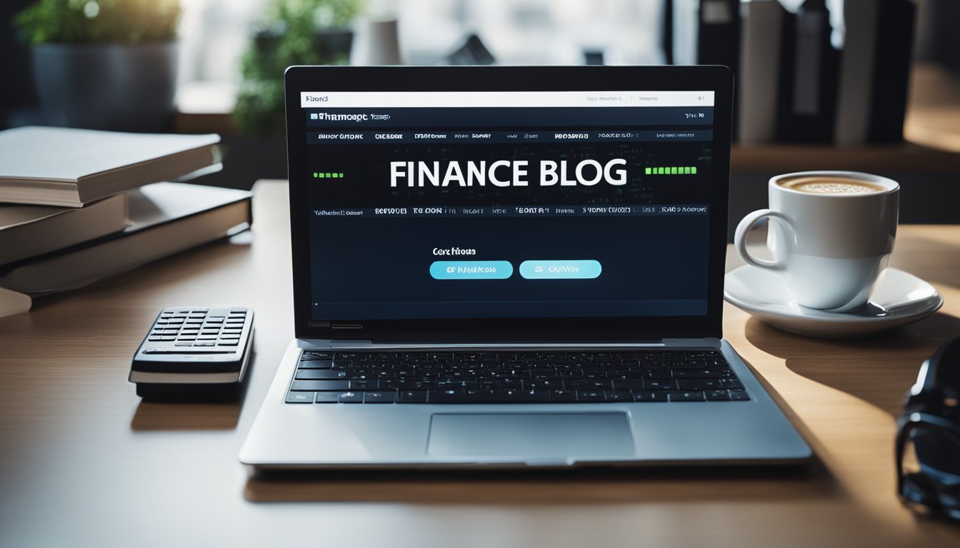 A laptop on a desk with a finance blog displayed on the screen, surrounded by books, a calculator, and a cup of coffee