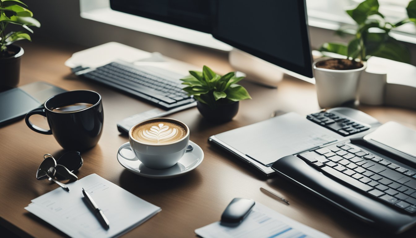 A desk with a laptop, financial documents, and a cup of coffee. A person writing and typing on the computer, with a money plant in the background