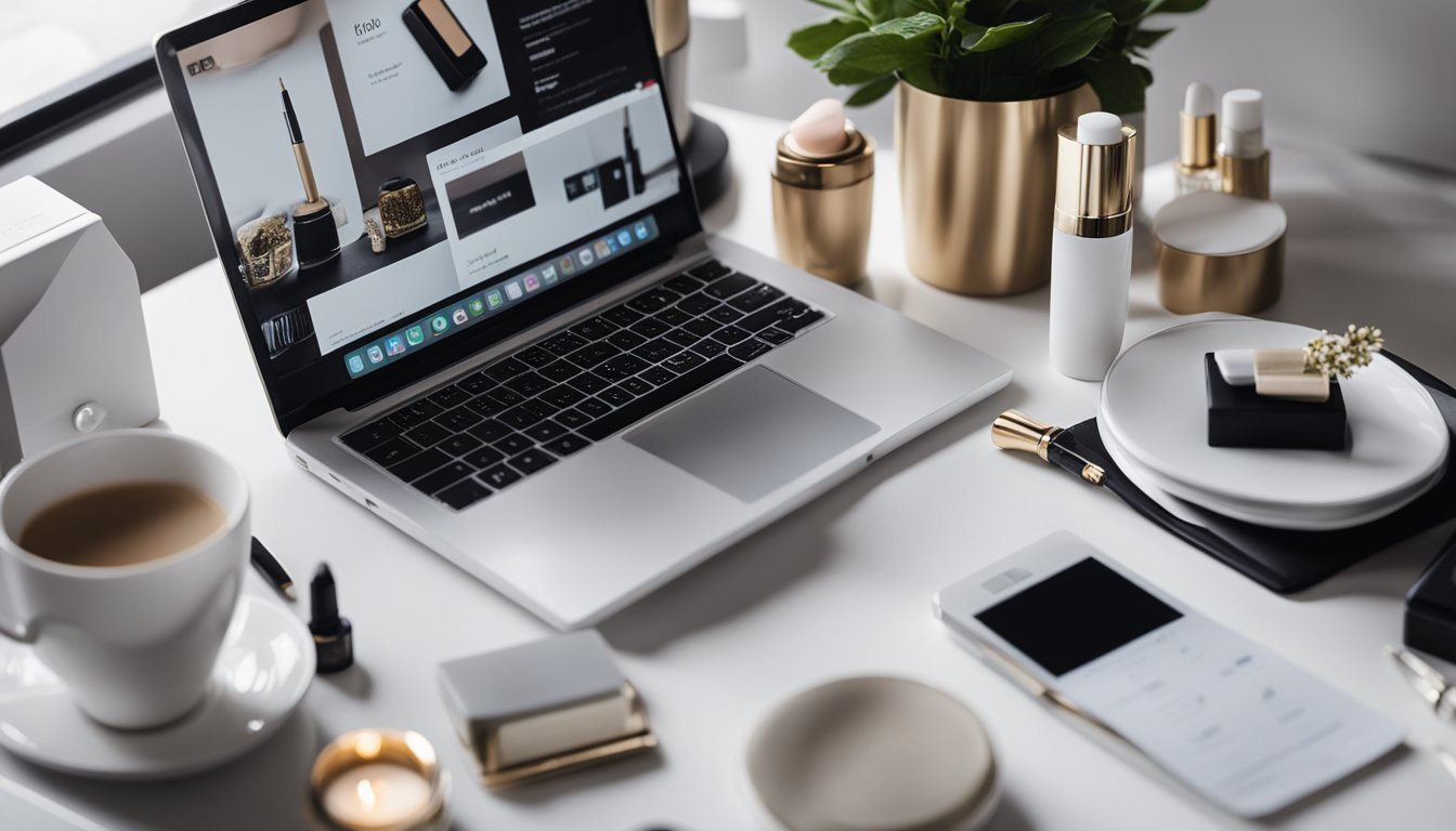 A table with skincare and makeup products arranged neatly, with a laptop open to a blog page. A hand reaching for a pen to jot down ideas