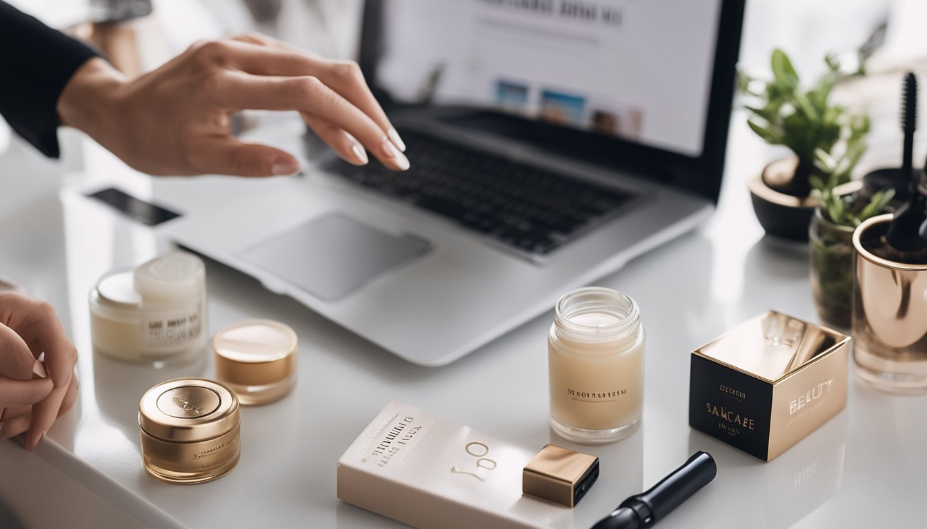 A woman's hand selecting a niche and domain name for a beauty blog, with skincare and makeup products displayed on a desk