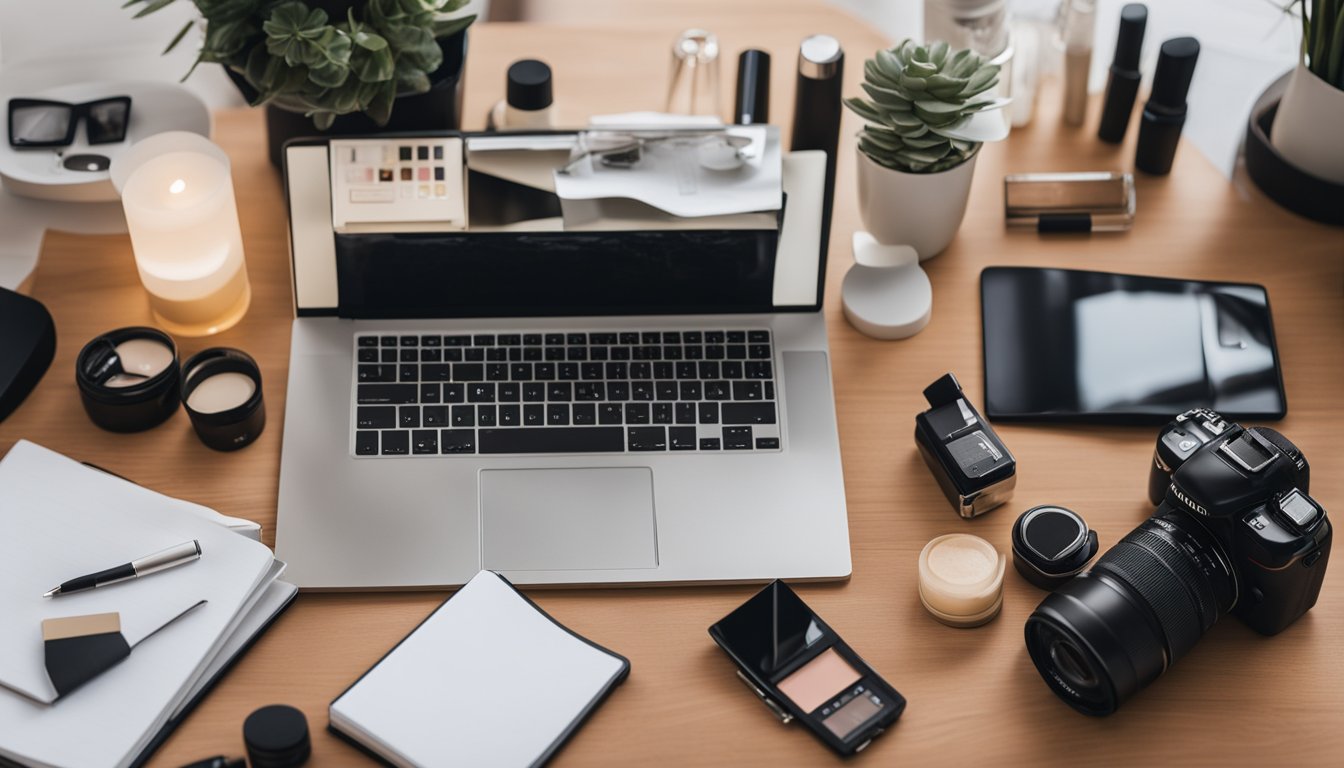 A neatly organized desk with a laptop, makeup products, and skincare items. A notepad with blog ideas and a camera for product photos