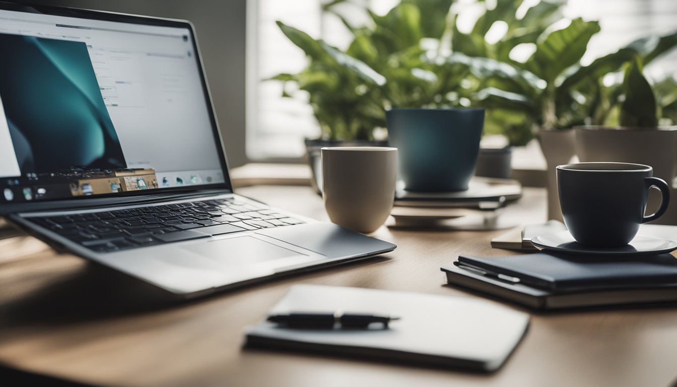 A neatly arranged desk with a laptop, notebook, pen, and a cup of coffee. A plant and a stack of books in the background