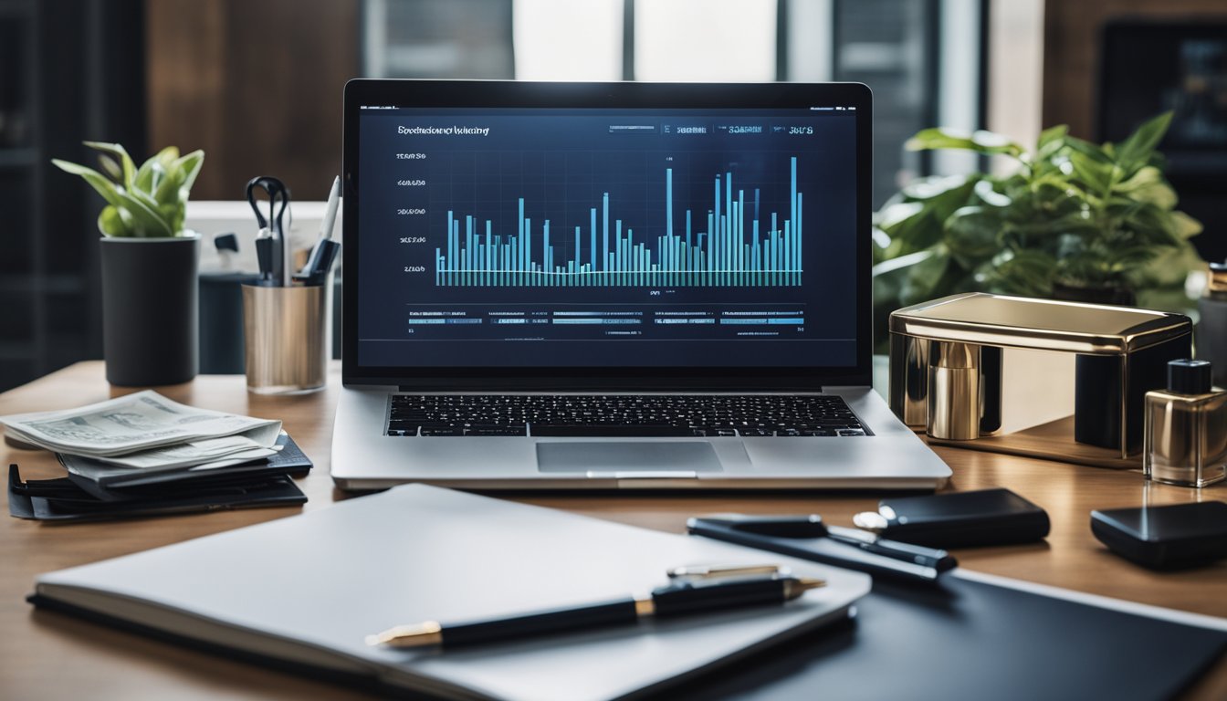 A desk with a laptop, notebook, and pen. Various skincare products arranged neatly. A stack of money and a graph showing increasing profits