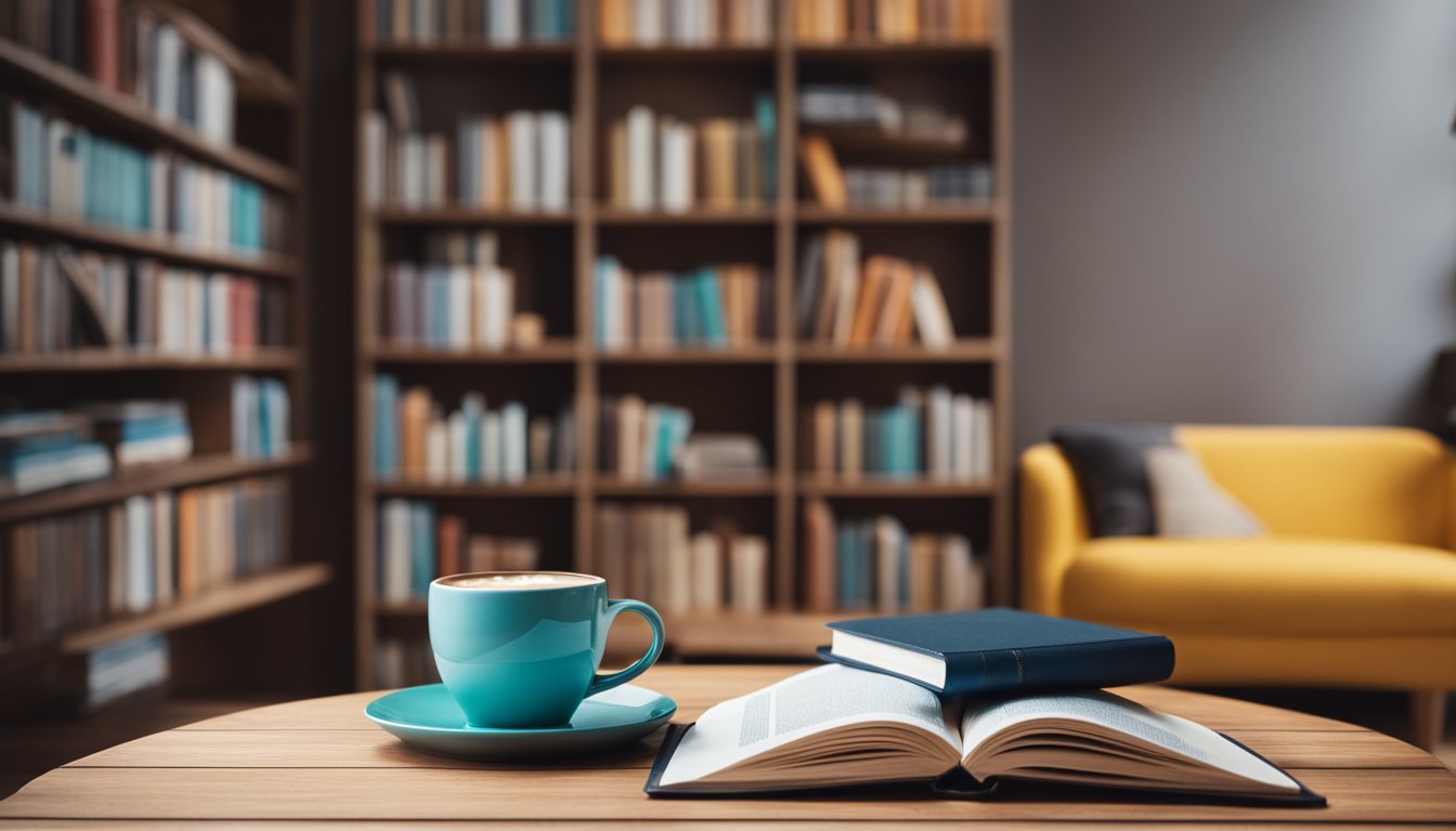 A cozy reading nook with a bookshelf filled with colorful books, a laptop open to a blog page, and a cup of coffee on the table