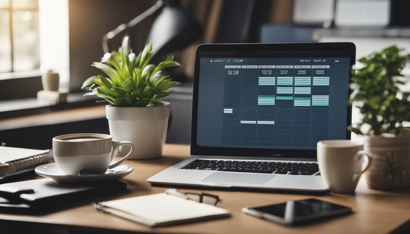 A neatly organized desk with a laptop, notebook, and pen. A stack of books and a cup of coffee sit nearby. A calendar and plant add to the cozy workspace