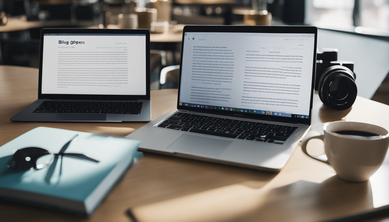 A laptop with a book-themed blog open on the screen, surrounded by coffee cup, notebooks, and pens on a desk