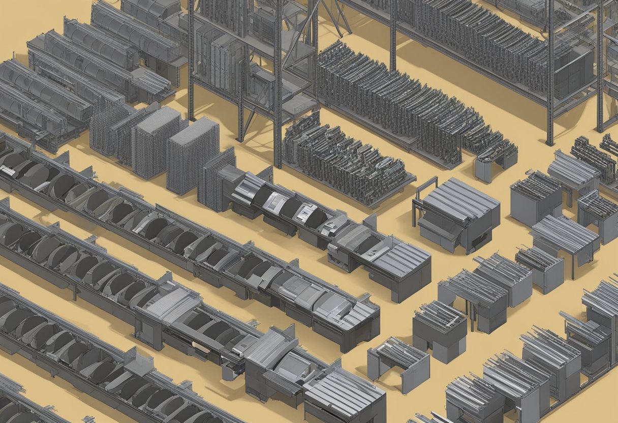 A bird's eye view of Silverthin Slewing Rings in a warehouse setting. Multiple rings of varying sizes and designs are neatly organized on shelves and workstations