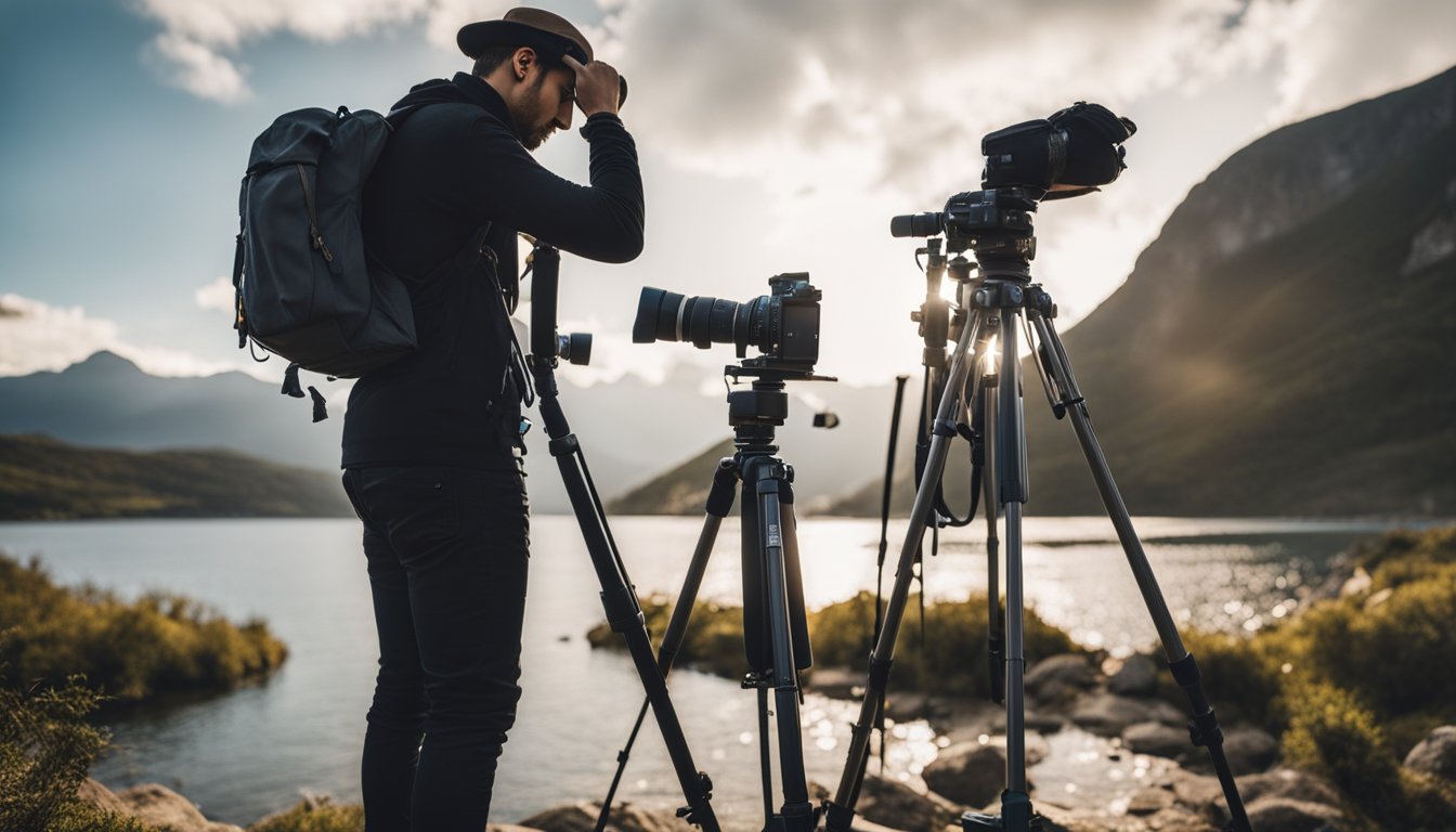 A photographer setting up a camera and tripod in a scenic location, surrounded by various photography equipment and editing tools