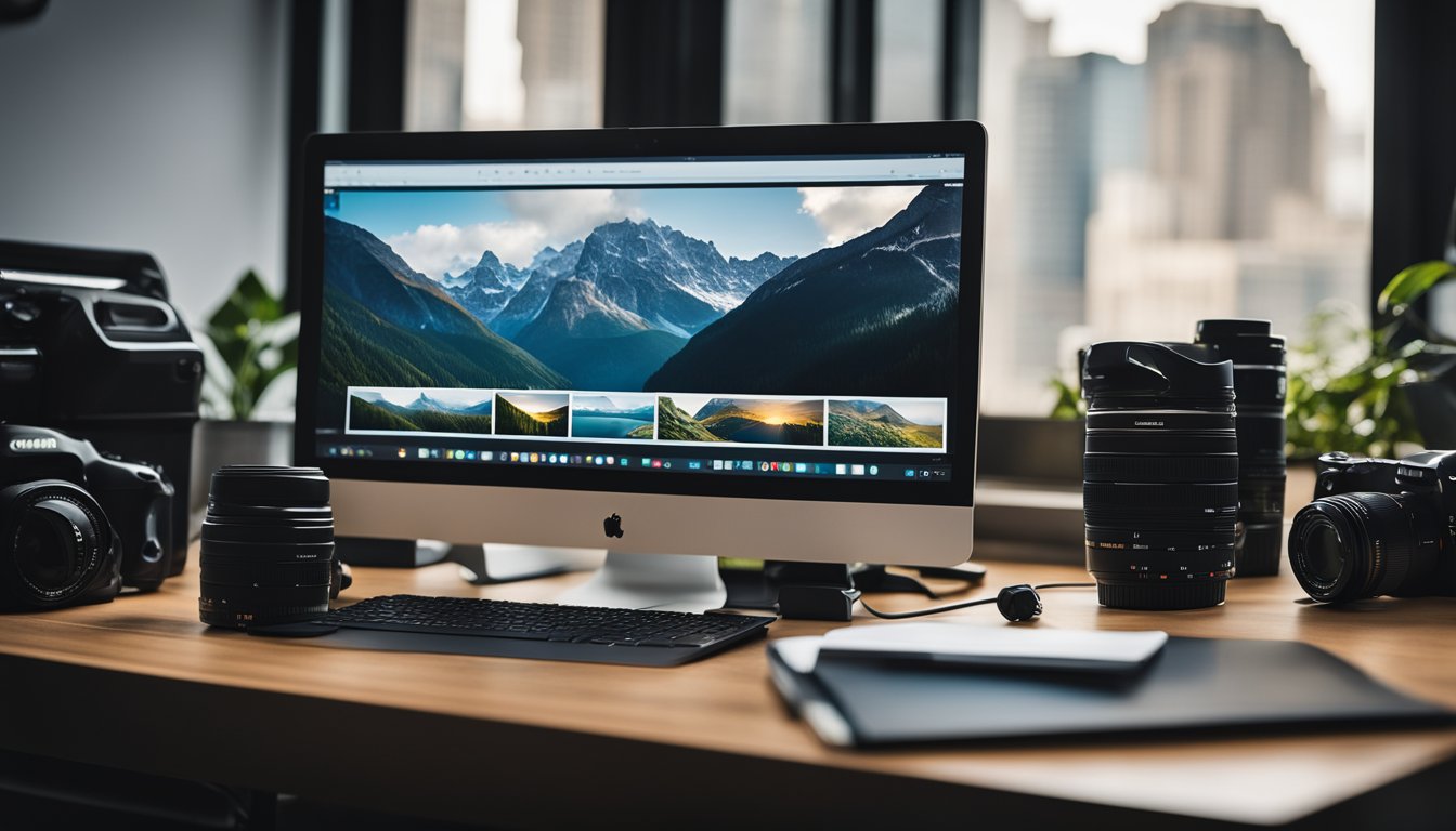 A photographer's desk with a computer, camera, and photo prints. A domain name and blog platform are displayed on the screen