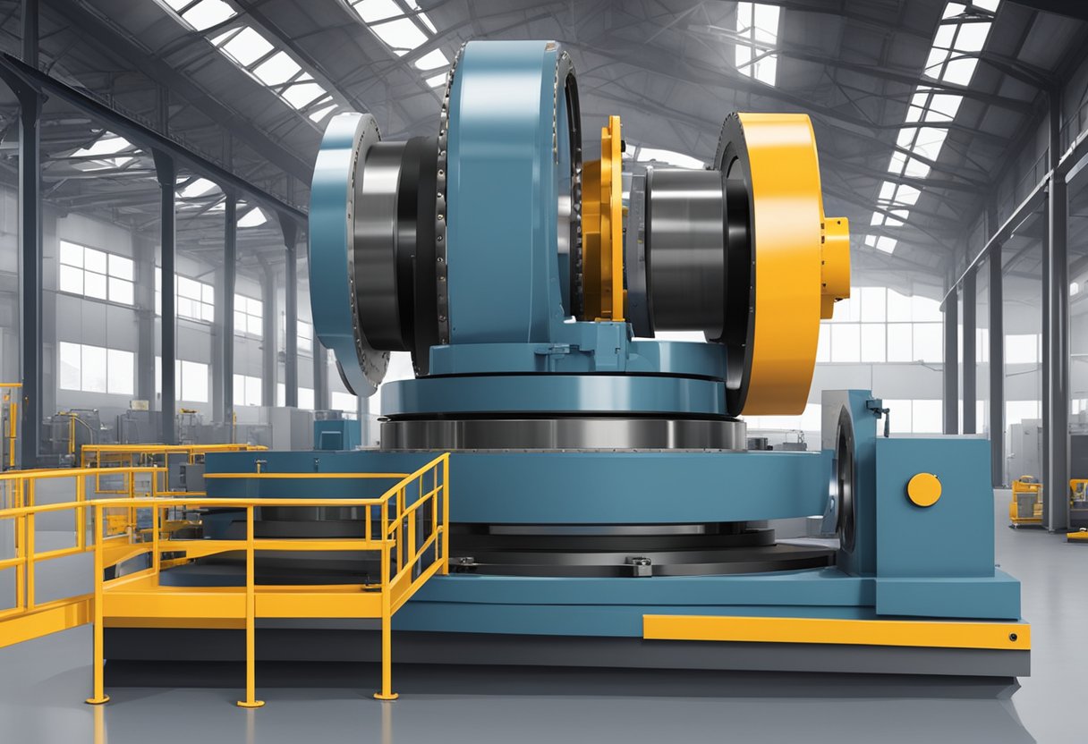 A single row ball slewing bearing in an industrial setting, surrounded by machinery and equipment