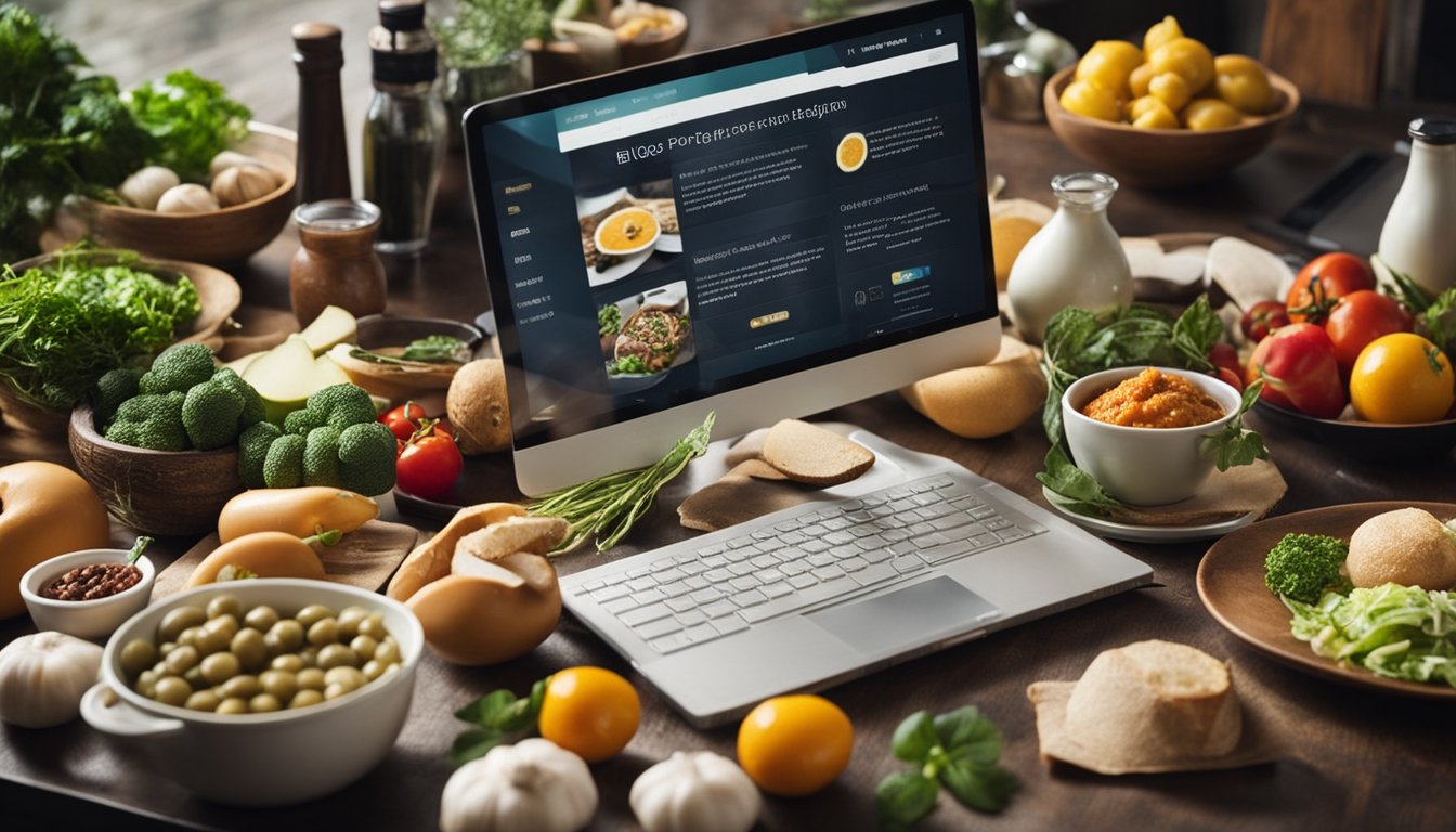 A table filled with fresh ingredients, cooking utensils, and a computer displaying a blog page about food and drinks recipes