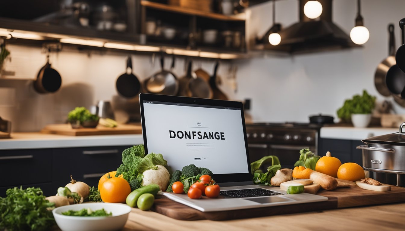 A cozy kitchen with a table full of fresh ingredients, a chef's hat hanging on the wall, and a laptop open to a food blog homepage