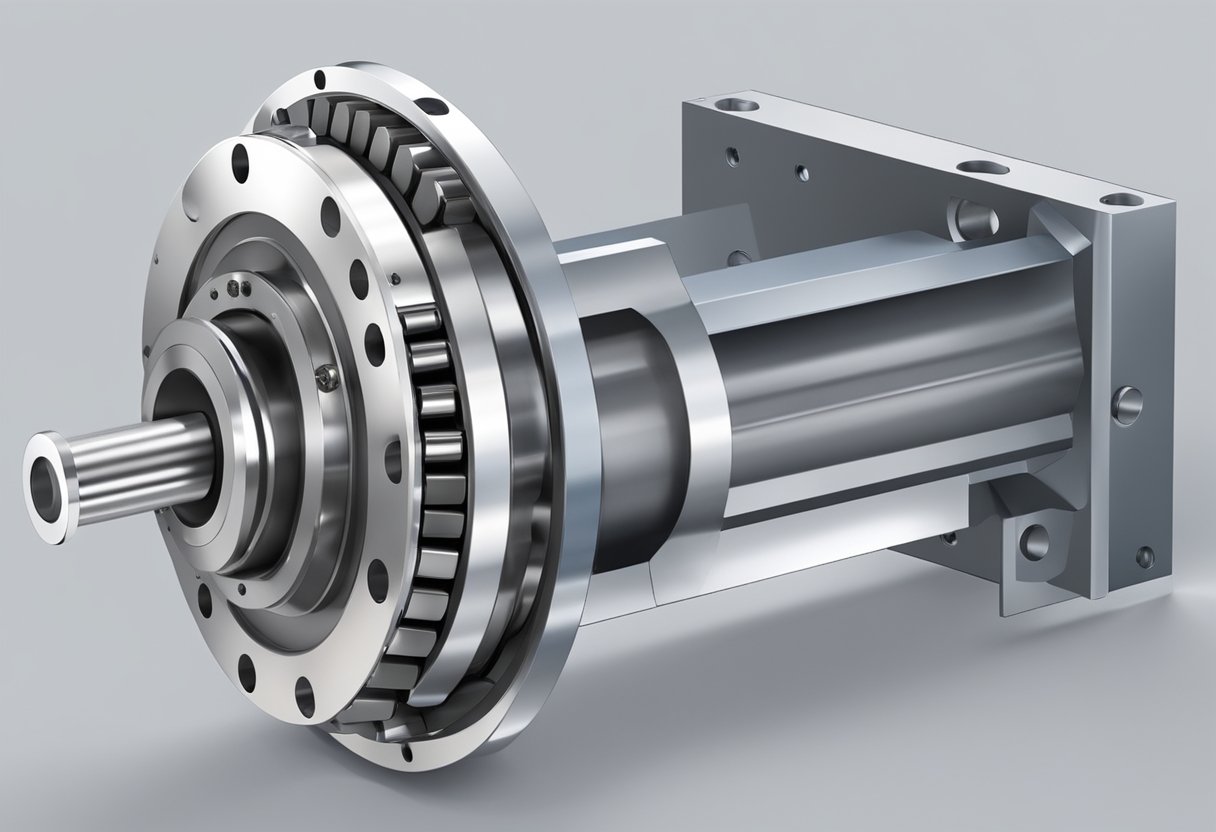 A single slewing bearing positioned on a horizontal axis with bolt holes, raceways, and rolling elements visible