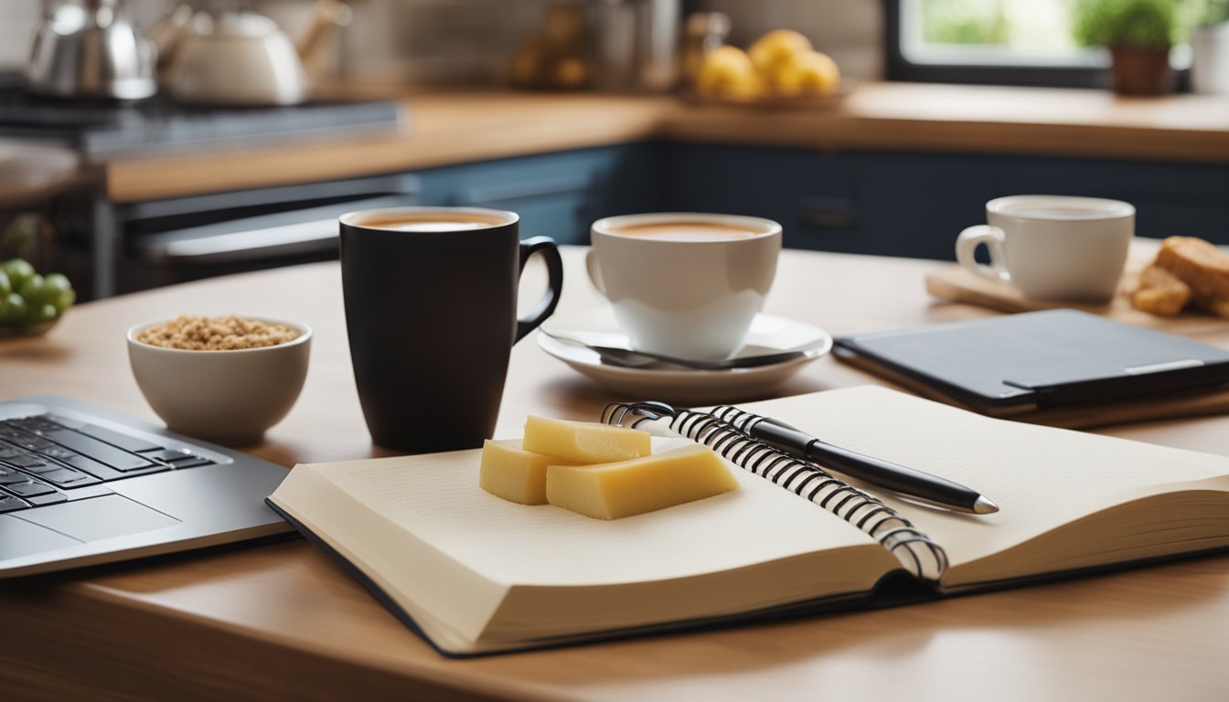 A kitchen table with a laptop, cookbook, and food ingredients. A cup of coffee and a notepad with recipe ideas