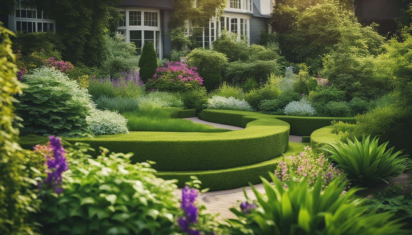 A lush garden and lawn blog coming to life with vibrant colors and flourishing plants, surrounded by gardening tools and a monetization strategy