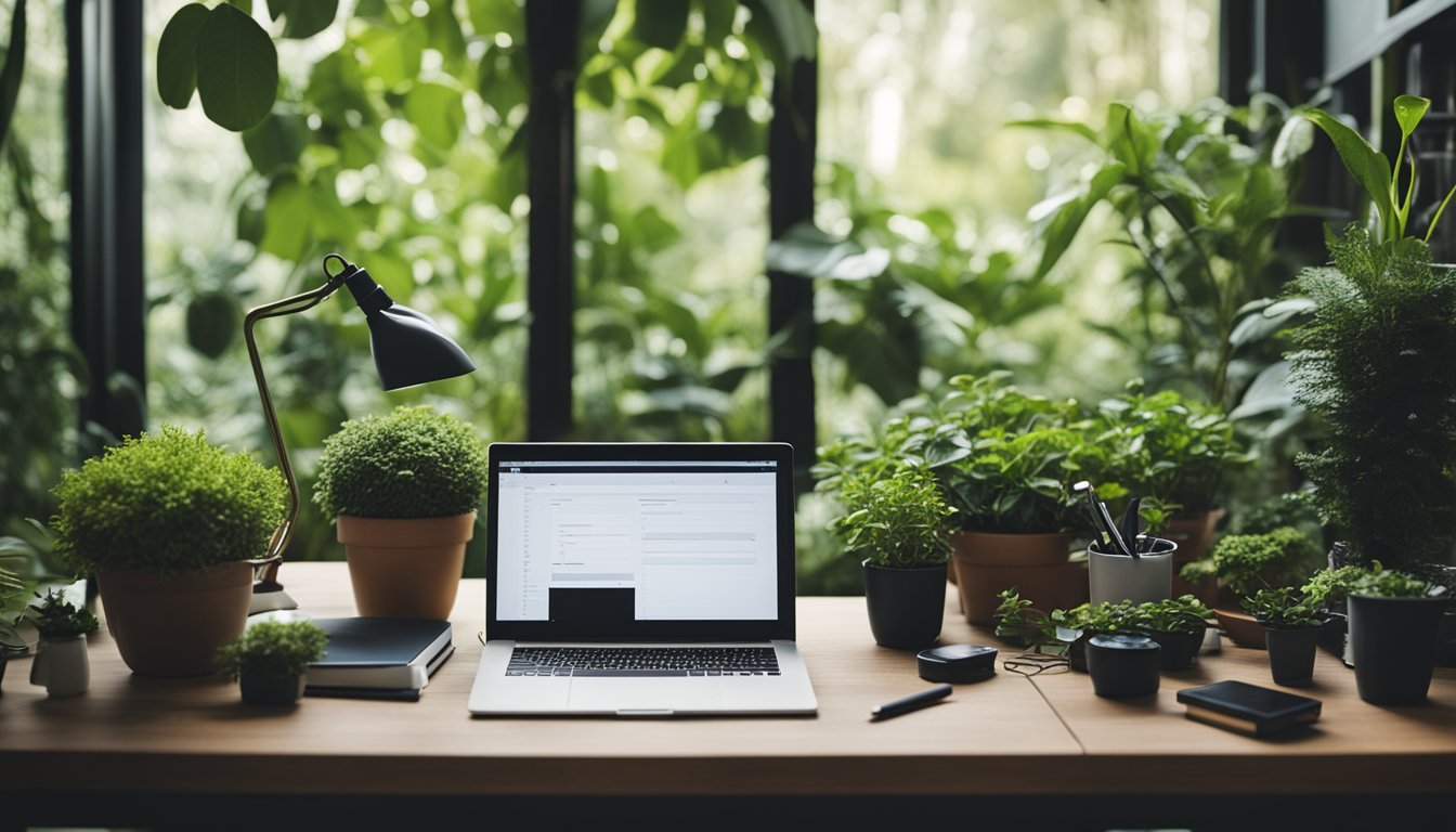 A neatly organized workspace with gardening tools, a laptop, and a notebook on a table surrounded by lush greenery