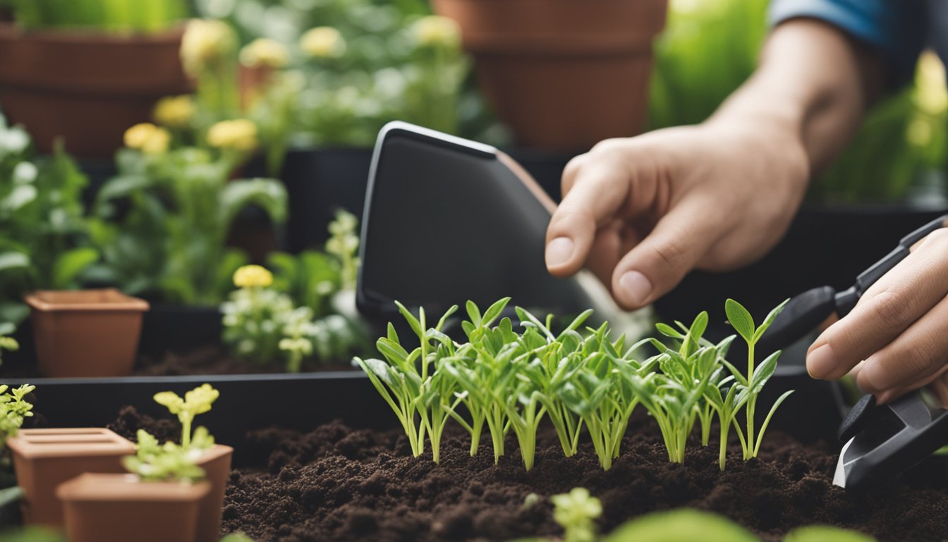 A person creating and monetizing a blog about gardening and lawn care. Tools, plants, and computer visible in the scene