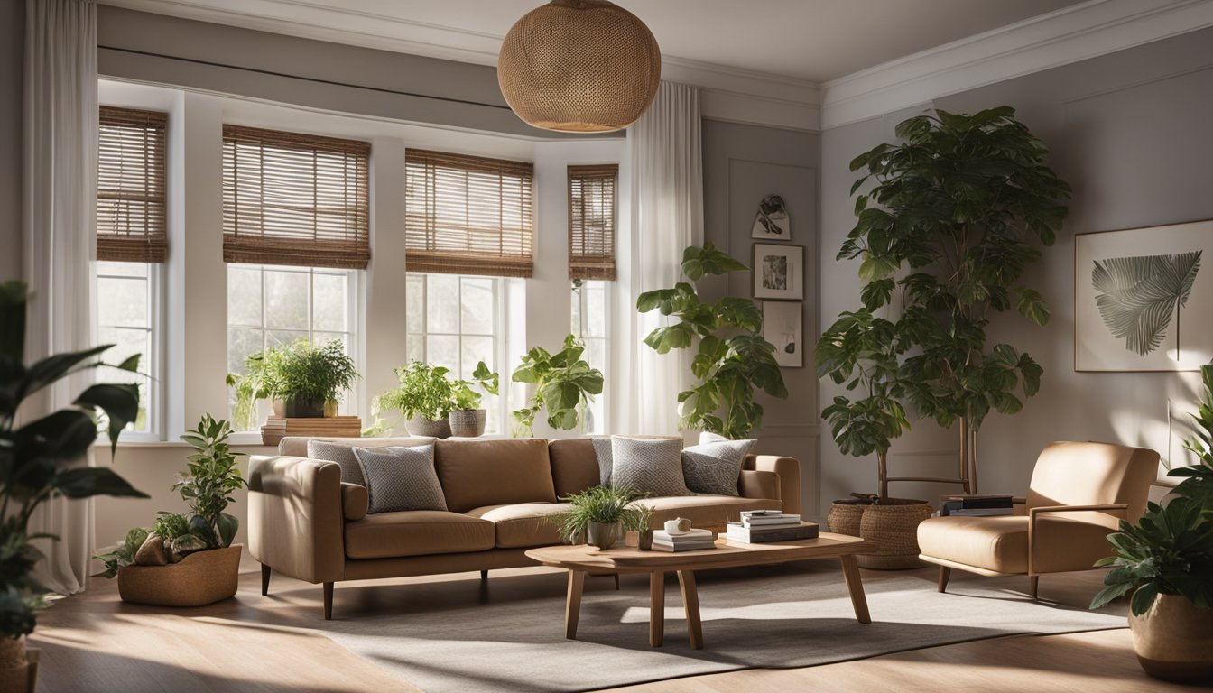 A cozy living room with stylish furniture, plants, and artwork. A desk with a laptop and decorative items. Light streaming in through large windows