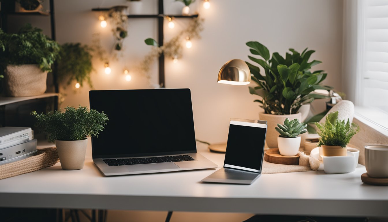 A cozy home office with a desk, computer, and decorative items. Plants, art, and cozy lighting create a welcoming atmosphere for interior design blog creation